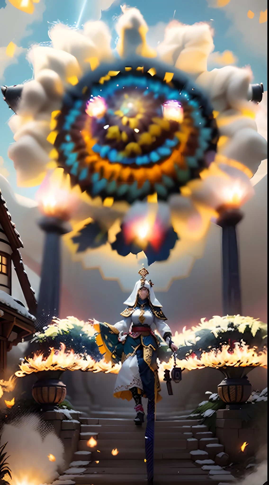 In a very grand scene,The extra-large wide-angle lens captures the appearance of a female centaur。She is a Sunflower Worship nun,Always opposed(A knitted sunflower puppet 9.9)DOA。She is tall,It has the ultimate curvy beauty,The muscles are slender and firm,Beautiful lines。She has(Super huge sky blue eyes:99.99)、always(Wearing sexy glasses:6.66)、(She wears solemn nun attire:9.9)、Stepping on a boot-style skyscraper-heel、A pink cross hangs on his chest。Use Midjourney's advanced tools,Designed for female centaurs(一个针织太阳花布偶并在花盘中心创造一张超级治愈的emoji😊笑脸:99.99),and noble and solemn nun costumes,and highlight her unique physiological characteristics and appearance details,Add realism。And in the context of her prayers and listening to confessions,Spectacular views of nature,Such as the sky where storms and sunny days alternate、Brilliant rivers of stars and auroras、The snow-capped summit of Mount Everest、Fireworks in the mountain town, etc。ao mesmo tempo,Away from the hustle and bustle next to the chapel,Create a fantastic scene。Use Midjourney's advanced tools and multiple color palettes、Brush Strokes、Texture tools and model packages,It shows a sense of atmosphere where beauty and charm coexist。The charm of the female centaur is highlighted through color and lines,Enhance realism with detailing,Create a surreal dreamy feeling。Additionally,Use Midjourney's tools to add various exorcism props and books to the female centaur、pergaminhos,Create intricate hairstyles and outfits,Give her a sense of premium。She never flinches,No matter what monster you encounter,can respond quickly,Even the most extreme armies of natural disasters and monsters could not stop her and her front(Sunflower with Tyndall effect that emits sunlight9.99)。Use Midjourney's powerful tools,You can do it with incredible detail and beauty,Bring this ultra-grand and beautiful scene to life。Ultra-grand scenes,super wide shot, hdr,(真实感,Masterpiece quality,best qualtiy),