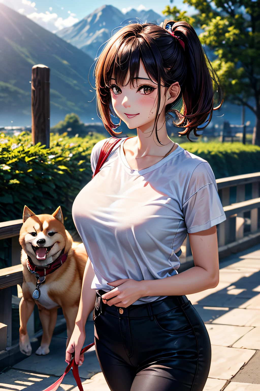 (Girl taking a walk with a puppy:1.3),(Shiba dog:1.3),Have a lead,Crystal clear water flows,beautiful mountain in background々,Very Big White T-Shirt,Cargo pants, gently smiling、(beautiful a girl)、(short hair of red-brown color、hair pin、poneyTail、Floating hair、)Colossal tits、A smile that beguiles the viewer、Look into the photographer、skin glistening with sweat、gazing at viewer,pointed red mouth,Perfect round face,,Proper body proportion,Intricate details,Very delicate and beautiful hair,photos realistic,Dreamy,Professional Lighting,realistic shadow,Beautiful hands,Beautiful fingers,Detailed finger features,Detailed arm functions,detailed clothes features,Detailed hair features,detailed facial features,(masutepiece,top-quality,Ultra-high resolution output image,) ,(The 8k quality,),(Image Mode Ultra HD,)