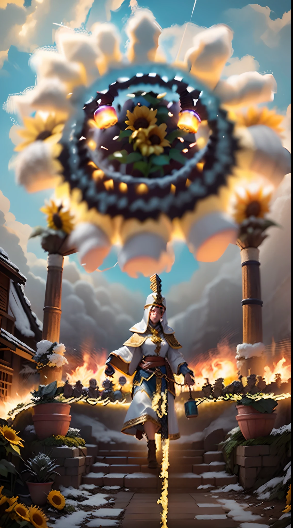 In a very grand scene,The extra-large wide-angle lens captures the appearance of a female centaur。She is a Sunflower Worship nun,Always opposed(A knitted sunflower puppet 9.9)DOA。She is tall,It has the ultimate curvy beauty,The muscles are slender and firm,Beautiful lines。She has(Super huge sky blue eyes:99.99)、always(Wearing sexy glasses:6.66)、(She wears solemn nun attire:9.9)、Stepping on a boot-style skyscraper-heel、A pink cross hangs on his chest。Use Midjourney's advanced tools,Designed for female centaurs(一个针织太阳花布偶并在花盘中心创造一张超级治愈的emoji😊笑脸:99.99),and noble and solemn nun costumes,and highlight her unique physiological characteristics and appearance details,Add realism。And in the context of her prayers and listening to confessions,Spectacular views of nature,Such as the sky where storms and sunny days alternate、Brilliant rivers of stars and auroras、The snow-capped summit of Mount Everest、Fireworks in the mountain town, etc。ao mesmo tempo,Away from the hustle and bustle next to the chapel,Create a fantastic scene。Use Midjourney's advanced tools and multiple color palettes、Brush Strokes、Texture tools and model packages,It shows a sense of atmosphere where beauty and charm coexist。The charm of the female centaur is highlighted through color and lines,Enhance realism with detailing,Create a surreal dreamy feeling。Additionally,Use Midjourney's tools to add various exorcism props and books to the female centaur、pergaminhos,Create intricate hairstyles and outfits,Give her a sense of premium。She never flinches,No matter what monster you encounter,can respond quickly,Even the most extreme armies of natural disasters and monsters could not stop her and her front(Sunflower with Tyndall effect that emits sunlight9.99)。Use Midjourney's powerful tools,You can do it with incredible detail and beauty,Bring this ultra-grand and beautiful scene to life。Ultra-grand scenes,super wide shot, hdr,(真实感,Masterpiece quality,best qualtiy),