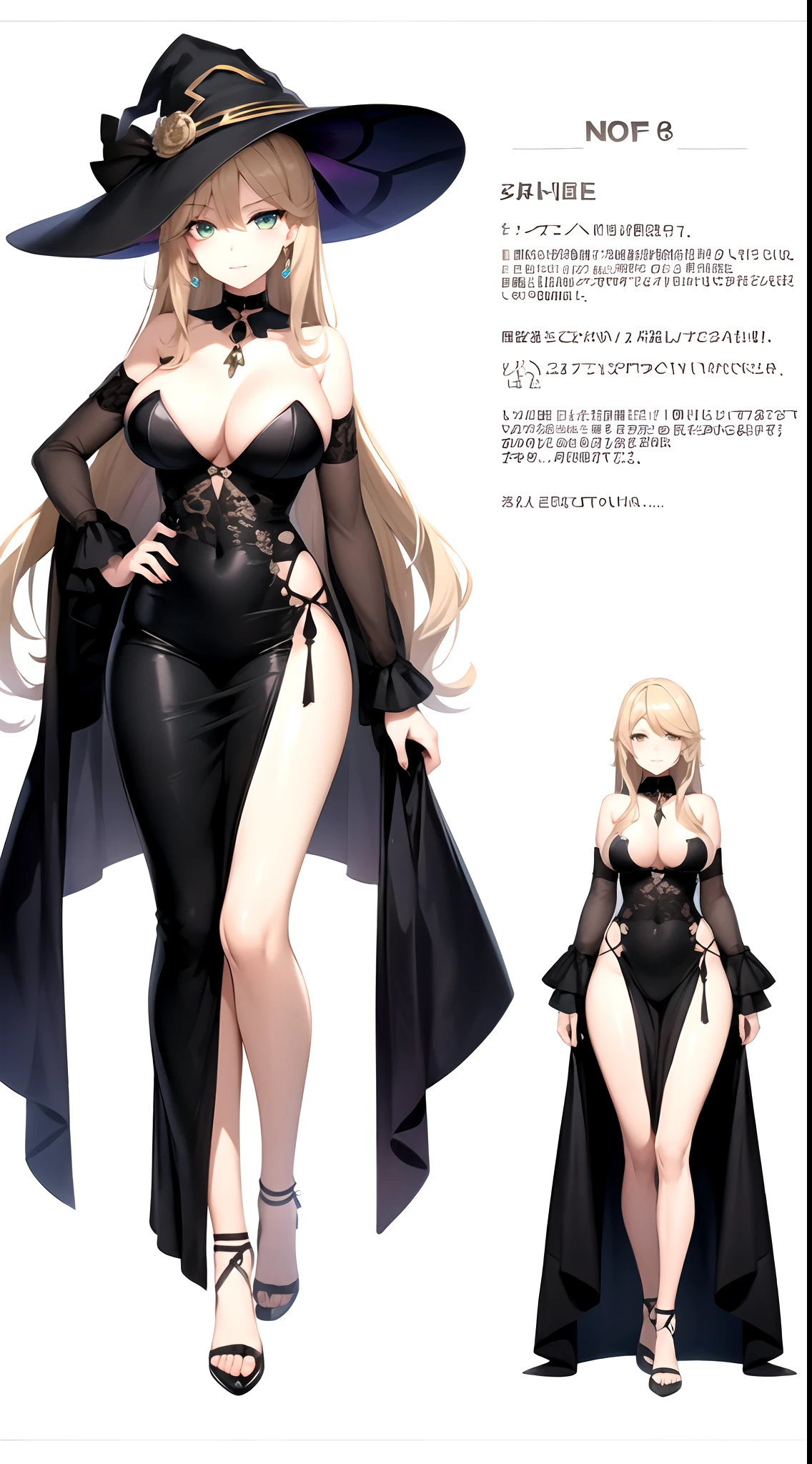 vtuber-fullbody, (character A-poses), (vtuber character design), (1 female), (blonde hair, green underlight)+, wavy hair, (soft and gentle woman) , (witch)++, (very mature woman)++, 30 years old, milf, (beautiful eyes)+, one piece dress, mother nature, (large breasts)+, slim hips, skinny legs, long legs, (CharacterSheet), (full body, reference sheet), best quality, expressive eyes, amber eyes, perfect face, milfication, (makeup, eyeshadow)+, earring