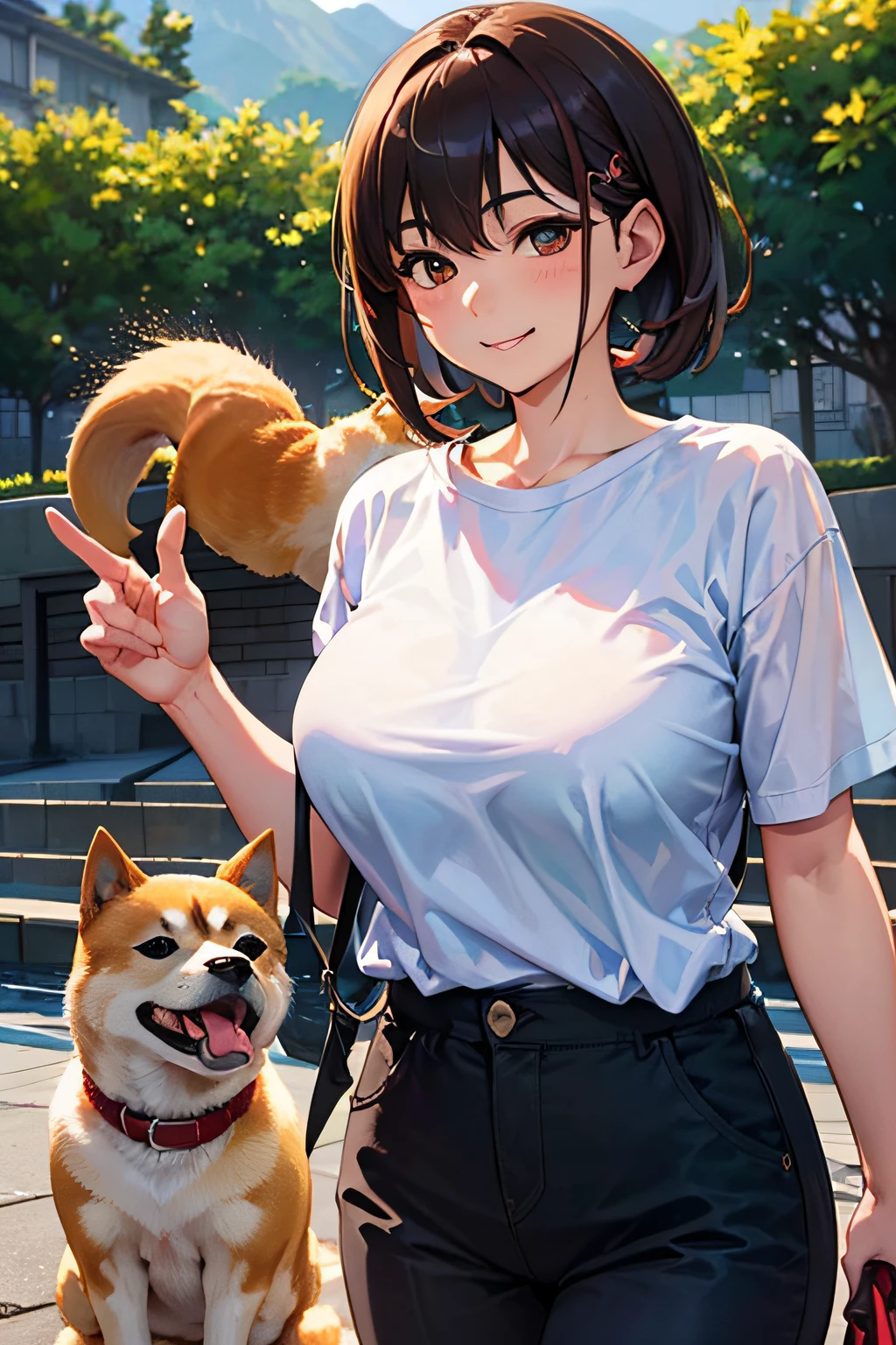 Flows with crystal clear water,beautiful mountain in background々,(Girl taking a walk with a puppy:1.3),(Shiba dog:1.3),Have a lead,Very Big White T-Shirt,Cargo pants, gently smiling、(beautiful a girl)、(short hair of red-brown color、hair pin、poneyTail、Floating hair、)Colossal tits、A smile that beguiles the viewer、Look into the photographer、skin glistening with sweat、gazing at viewer,pointed red mouth,Perfect round face,,Proper body proportion,Intricate details,Very delicate and beautiful hair,photos realistic,Dreamy,Professional Lighting,realistic shadow,Beautiful hands,Beautiful fingers,Detailed finger features,Detailed arm functions,detailed clothes features,Detailed hair features,detailed facial features,(masutepiece,top-quality,Ultra-high resolution output image,) ,(The 8k quality,),(Image Mode Ultra HD,)