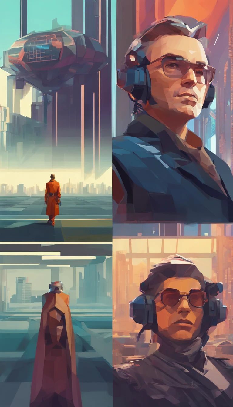 abstract colors, texture, Film grain, pores skin:0.1 intricate dramatic portrait of a handsome science fiction scientist, standing on a balcony overlooking the futuristic (solarpunk)1.2 City, foggy morning, cinematic film still, Blade Runner 2049, Hairstyle in punk style, Altered carbon, (analog style)1.3 (Film grain)1.3, by Stephan Martiniere, Wadim Kashin, Simon Stalenhag, Michael Karz, by Ismail Inceoglu