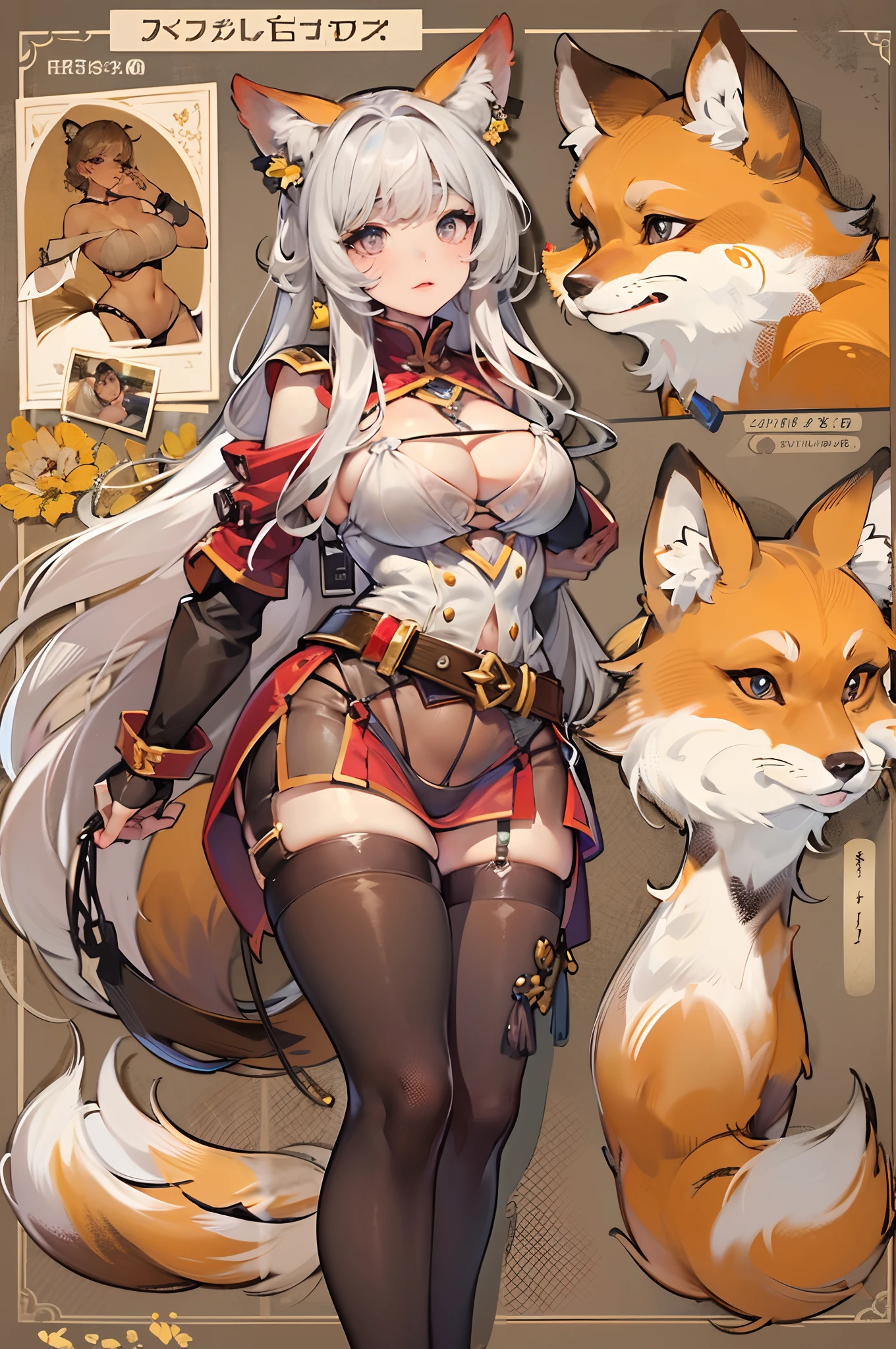 a beauty girl，Mature face，a matural female，Fluffy tail hair，Ultra-loose underwear，clothes slipping off，Anterior convex and posterior，Straight chest，Ruddy complexion，Huge fox tail，nabel，(huge tit)，adventurer，tit，areola of breast，pantiess，Stockings，Human Services Group