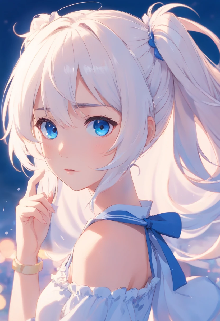 Masterpiece,White color hair,Double ponytail curls,blue color eyes,white dresses,Big breasts,sexy for