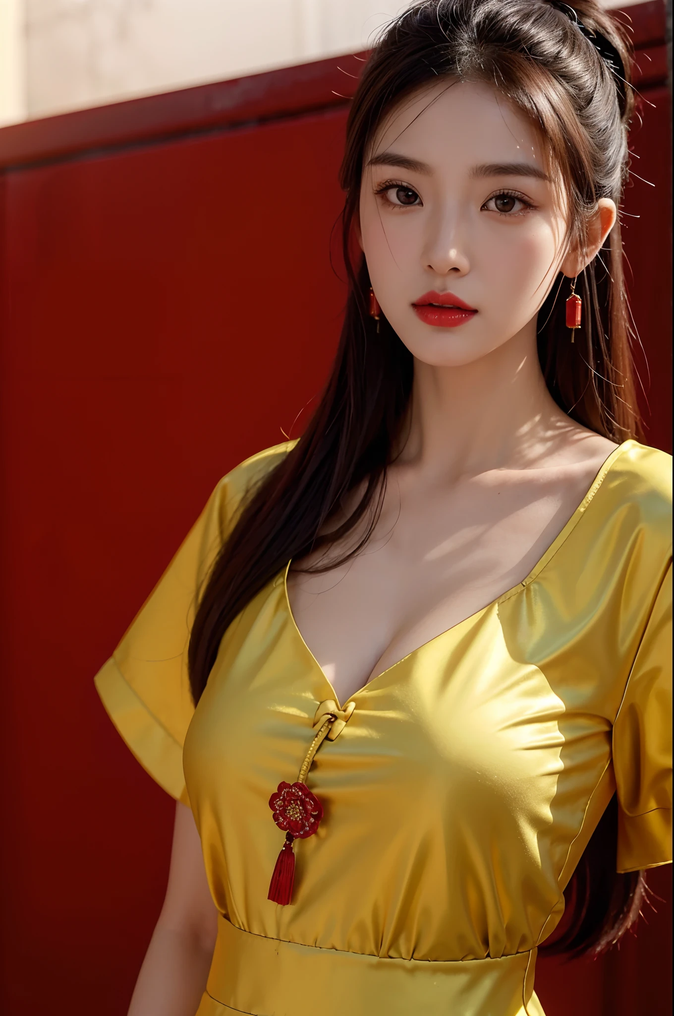 1girls,shrubs,Girl-Girl,china dress,chinese clothes,Chinese hair pins,(masterpiece:1.4),(bestquality:1.4),(oily shiny skin),Red lips,looking at the audience,Big breasts,cleft lip,upper body,