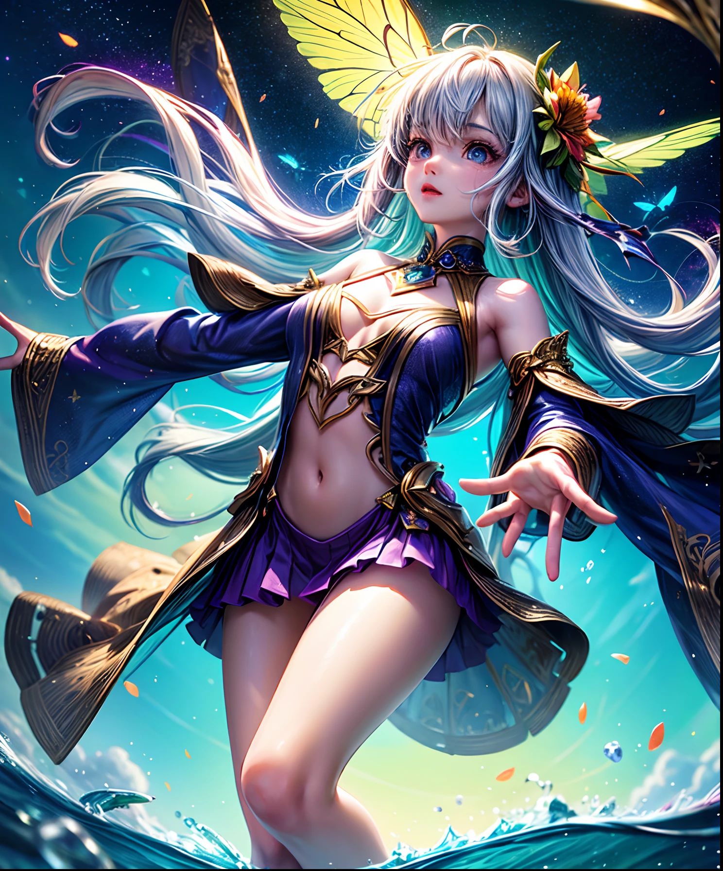 Cute girl characters、Describes a scene with grassy butterflies lying on the water flying around, Looking up at the starry sky. Surround her with colorful nebulae and her favorite constellations.