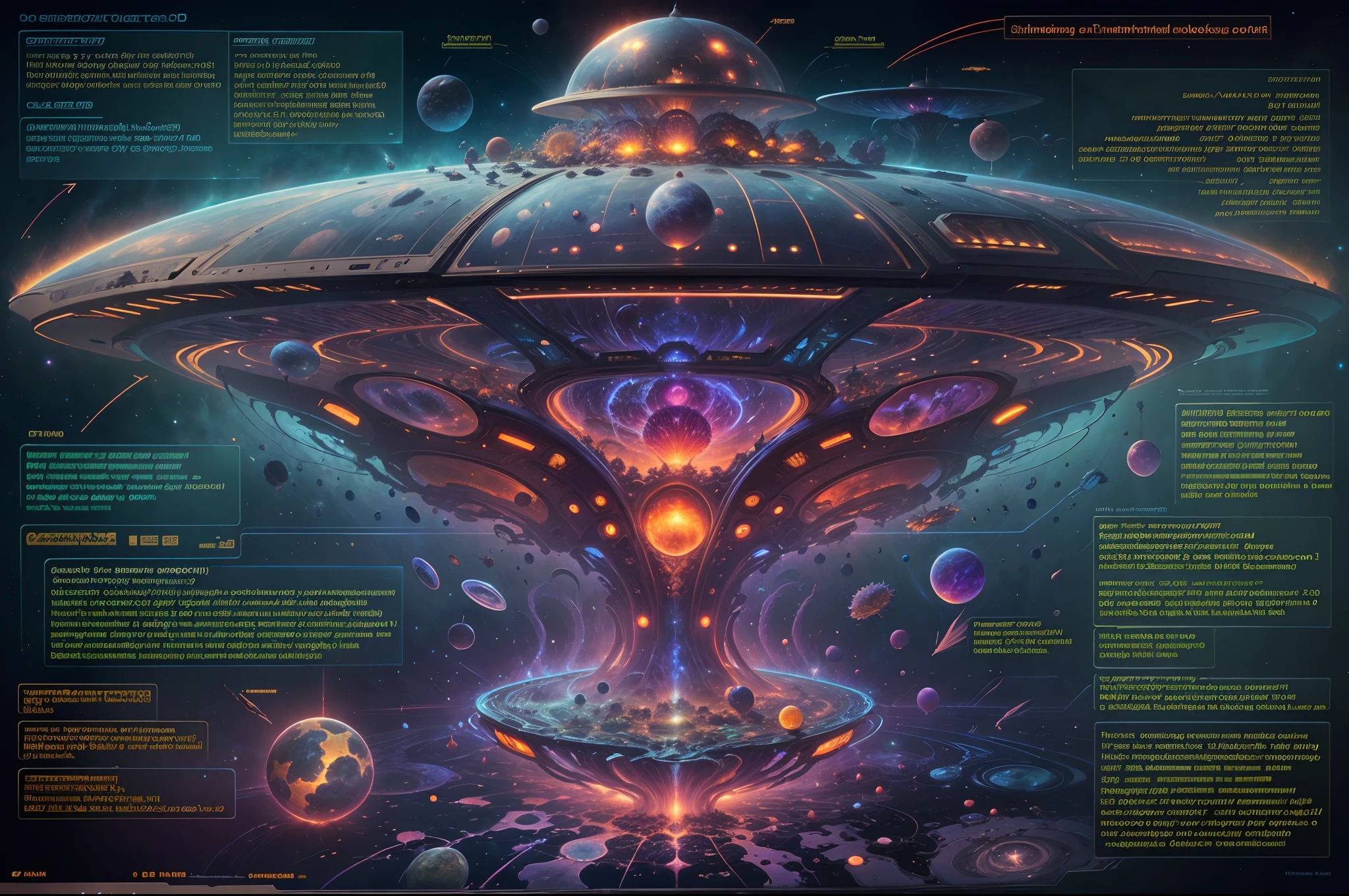 Fantasy00d Technical Diagram, Info graphic, Charts, of A Cosmic Technological UFO Aerodynamic Spacecraft, Info Graphic, Scientific, Data Diagram, Nervous System, Galaxy, Vibrant Colors, Midnight Aura, Ultra Detailed, H.R. Giger, Max Ernst, Thomas Kinkade, Robert Gonsalves, dark background, flowervirus