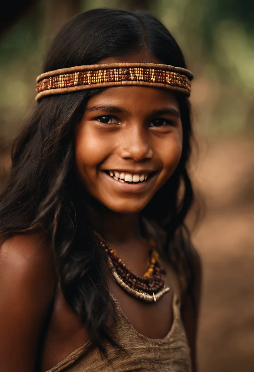 a girl indigenous Yanomami Brazilian long silky black hair amber eyes dark skin color equal mahogany beautiful smile white teeth 8k cinematic