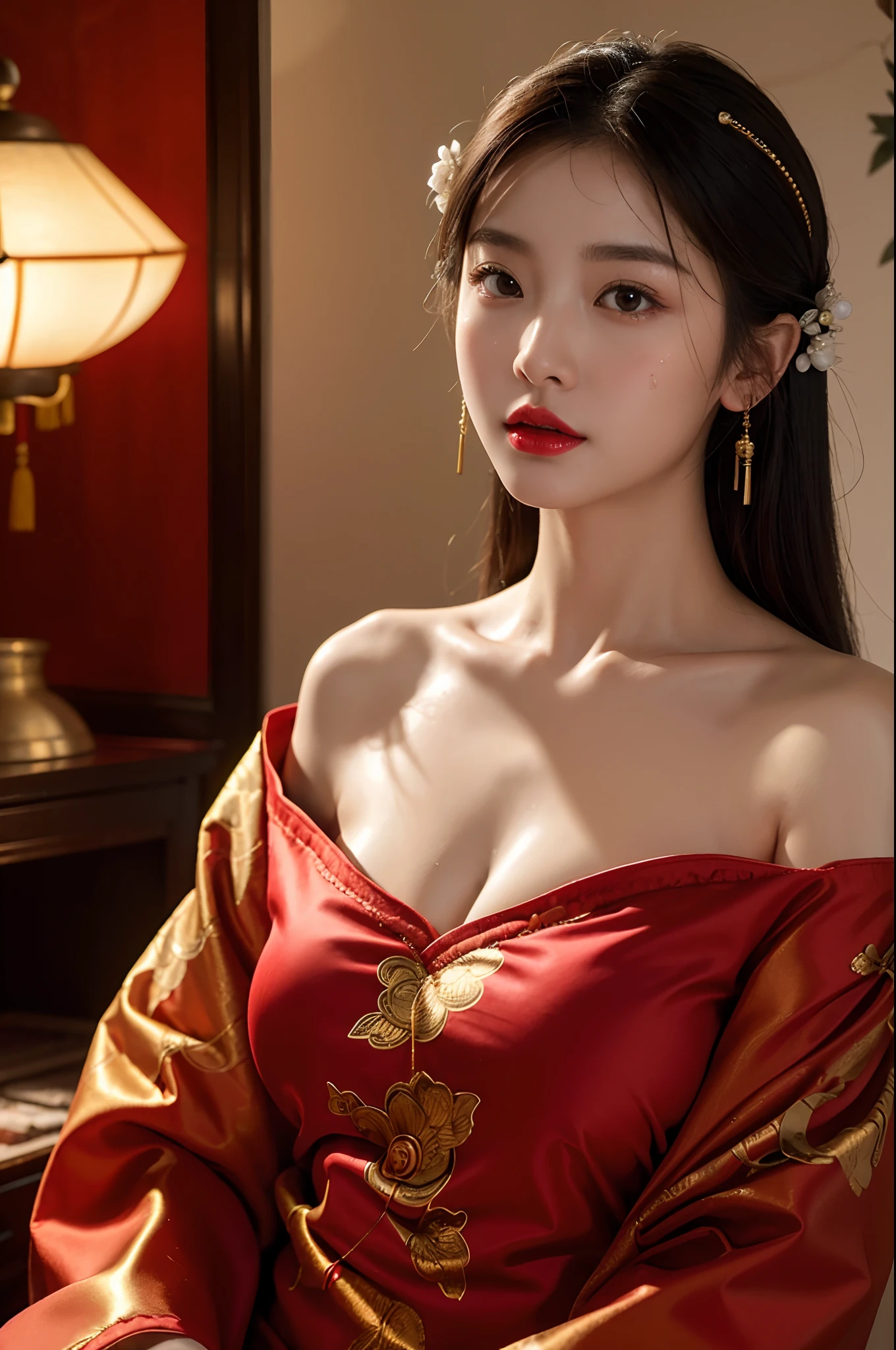 1girls,shrubs,Girl-Girl,china dress,chinese clothes,Chinese hair pins,(masterpiece:1.4),(bestquality:1.4),(oily shiny skin),Red lips,looking at the audience,Big breasts,cleft lip,upper body,
