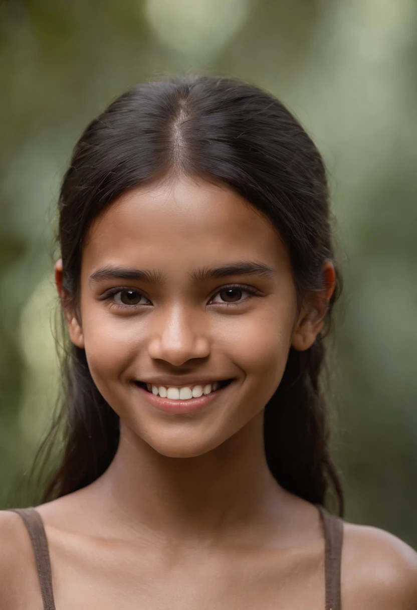 Maria, at 12 years old, has dark, straight hair that falls softly over her shoulders. His eyes are brown and expressive, reflecting curiosity and a serenity beyond his years. She is dressed in simple and modest clothes, typical of the time and culture in which she lives. Her posture is graceful and her face radiates a natural innocence. Maria has a gentle, welcoming smile that lights up her face as she observes the world around her with a mixture of curiosity and understanding.
