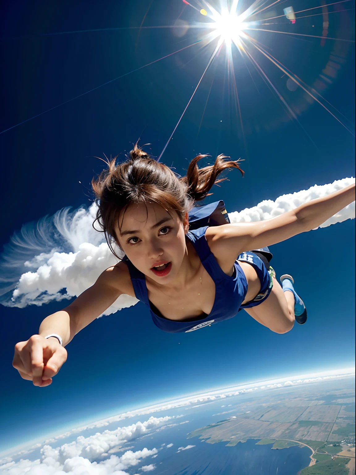 Fantastic hit fighter scene,1 girl skydiving,Deep V set,Shorts, in a panoramic view,Anatomically correct,Upper knee portrait photo,hyper realisitc ,Reflective and dispersive materials. Dispersion of light and light,high detal,High quality
