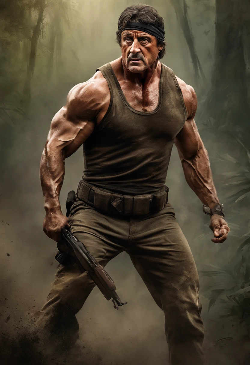 (best quality,4k,8k,highres,masterpiece:1.2),ultra-detailed,(realistic,photorealistic,photo-realistic:1.37),Sylvester Stallone,Rambo,action hero,muscular body,ripped muscles,confident expression,strong jawline,intense gaze,fierce determination,signature headband,battle-worn camouflage clothing,commando knife,bandolier,assault rifle,explosions in the background,dense jungle setting,sweat glistening on the skin,muddy terrain,stealthy approach,color grading with earthy tones,dynamic lighting creating dramatic shadows,gritty details,high contrast,adrenaline-filled atmosphere,blurred background emphasizing motion,iconic pose,strong highlights,deep shadows,man versus nature,rough textures,explosive action sequence,wide-angle perspective,cinematic feel,heroic proportions,imposing presence,unrelenting warrior,Sylvester Stallone as the ultimate action legend