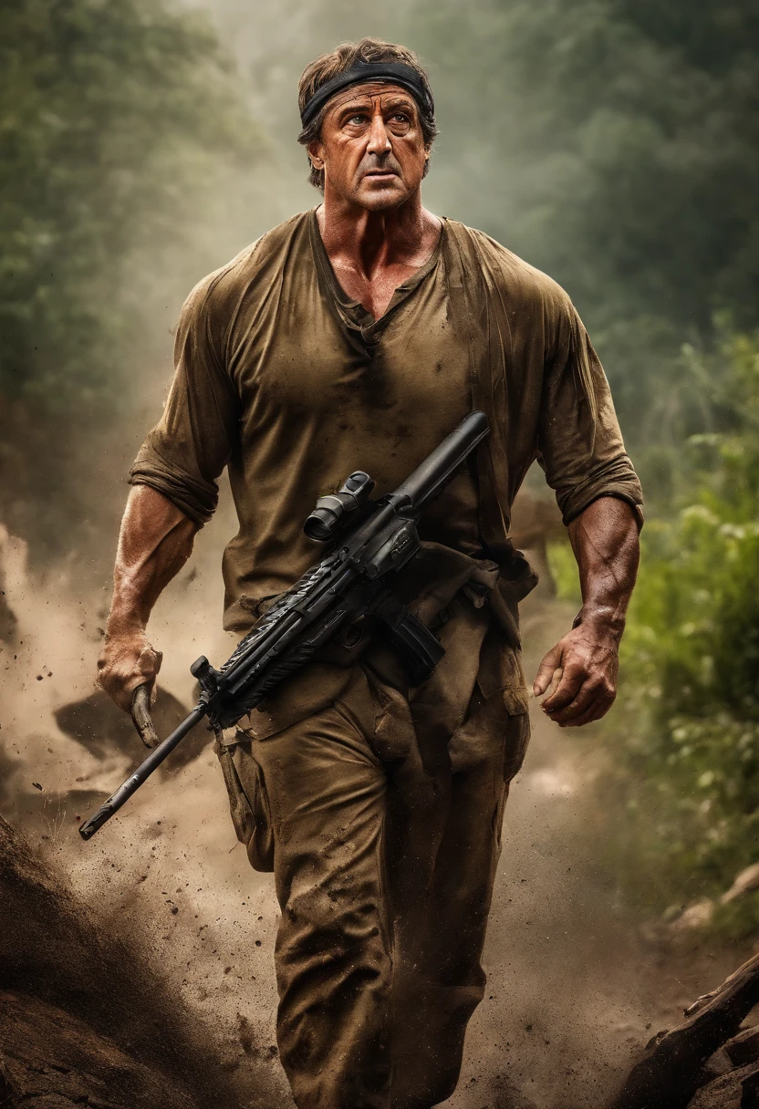 (best quality,4k,8k,highres,masterpiece:1.2),ultra-detailed,(realistic,photorealistic,photo-realistic:1.37),Sylvester Stallone,Rambo,action hero,muscular body,ripped muscles,confident expression,strong jawline,intense gaze,fierce determination,signature headband,battle-worn camouflage clothing,commando knife,bandolier,assault rifle,explosions in the background,dense jungle setting,sweat glistening on the skin,muddy terrain,stealthy approach,color grading with earthy tones,dynamic lighting creating dramatic shadows,gritty details,high contrast,adrenaline-filled atmosphere,blurred background emphasizing motion,iconic pose,strong highlights,deep shadows,man versus nature,rough textures,explosive action sequence,wide-angle perspective,cinematic feel,heroic proportions,imposing presence,unrelenting warrior,Sylvester Stallone as the ultimate action legend