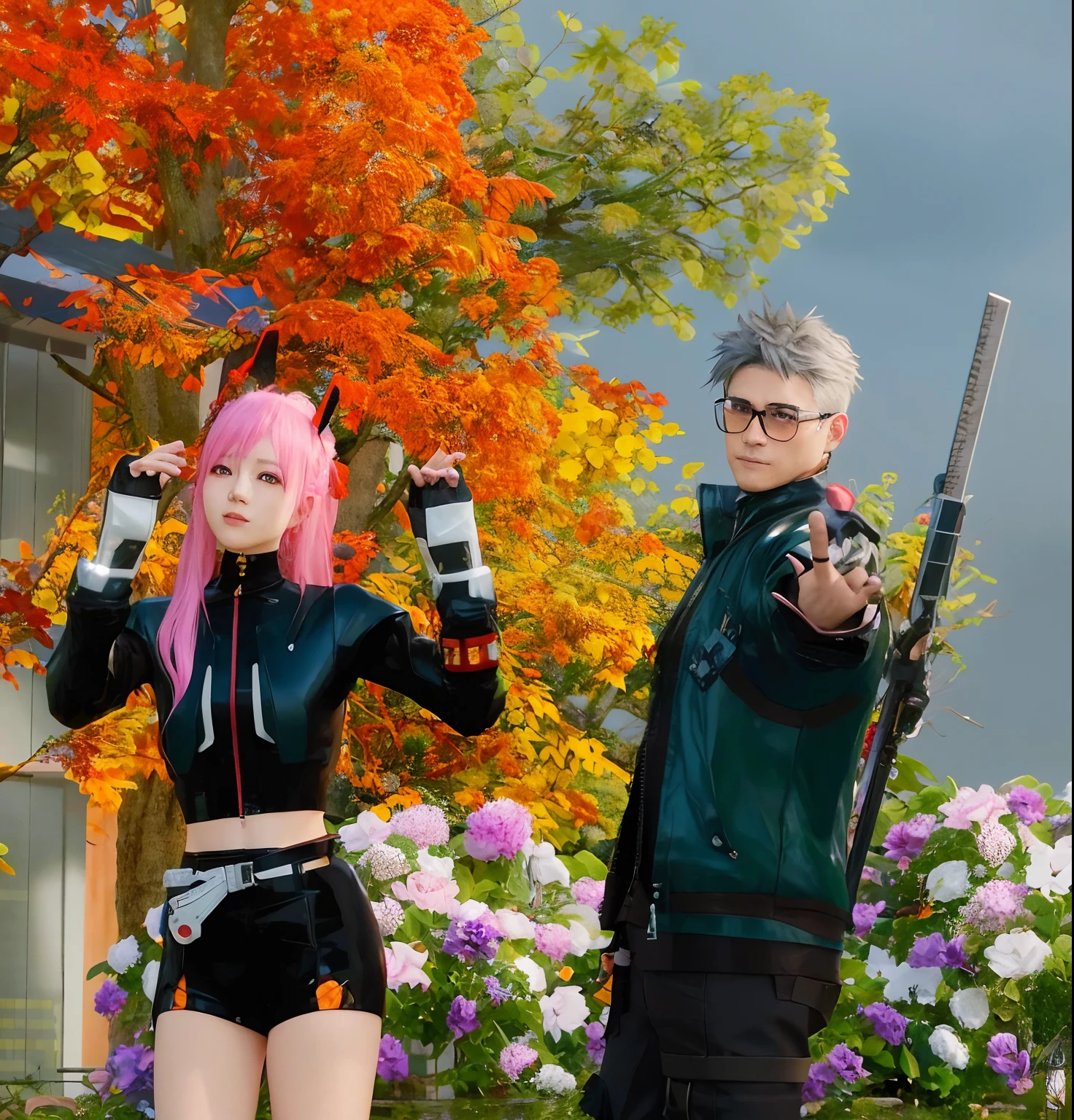 anime characters dressed in black and pink posing for a photo, <mmorpgs scene, cyberpunk in foliage, cyber punk setting, in a cyberpunk garden, medium shot of two characters, sakimichan and frank franzzeta, nixeu and sakimichan, in the cyberpunk countryside, game cg, kda and sam yang, realistic anime 3 d style