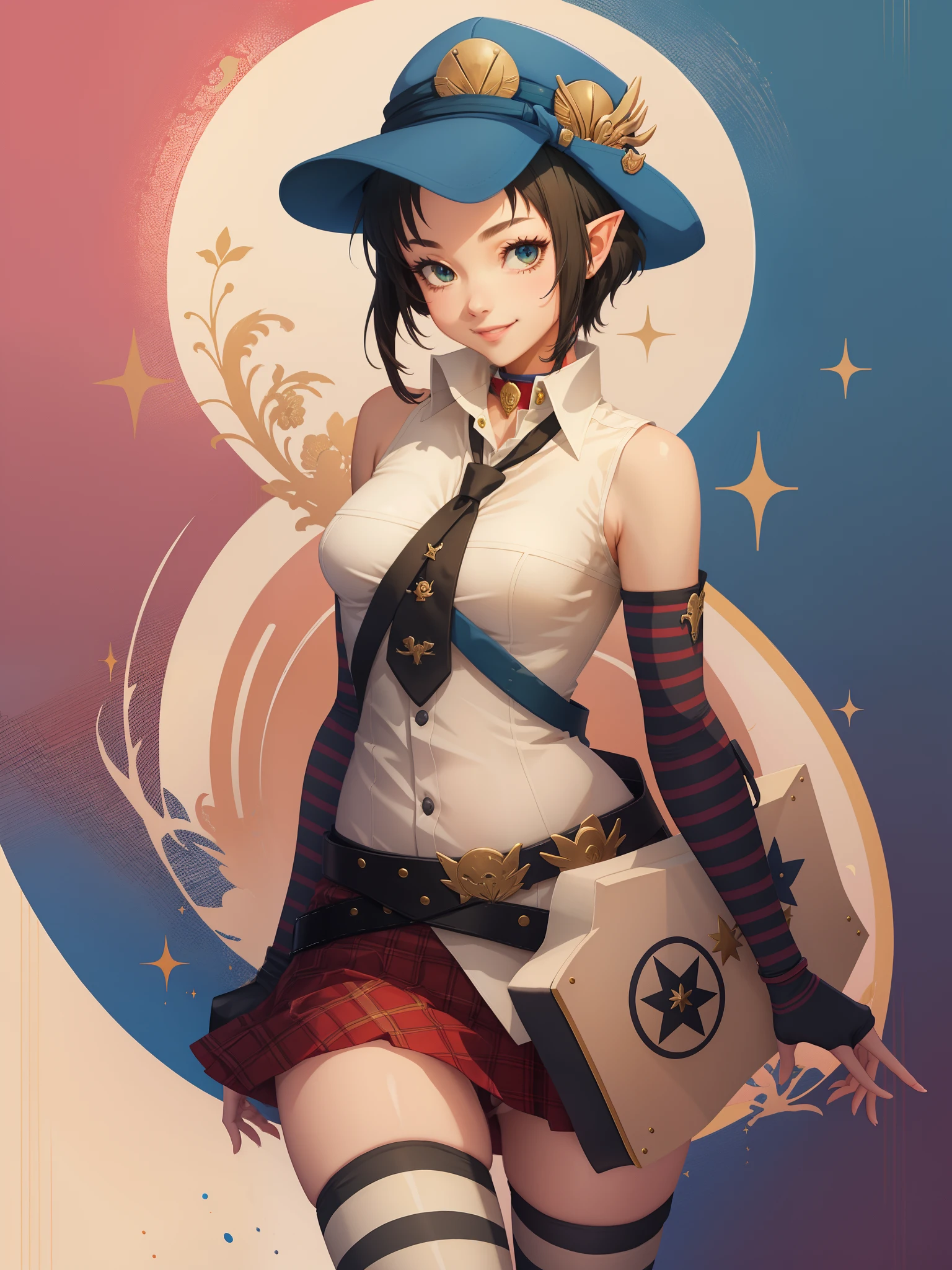 Highly detailed, High Quality, Masterpiece, beautiful, MarieP4, 1girl, solo, black belt, cowboy shot, light smile, striped thighhighs, elf, cute, (small breasts:1.3)