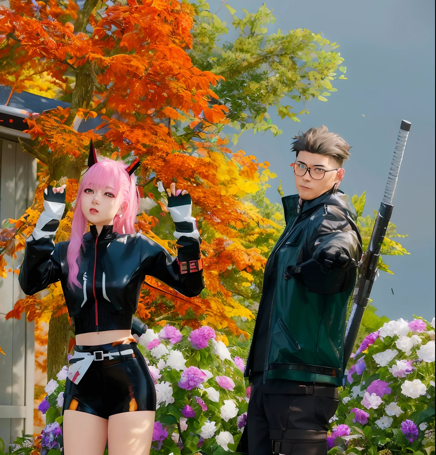 anime characters dressed in black and pink posing for a photo, <mmorpgs scene, cyberpunk in foliage, cyber punk setting, in a cyberpunk garden, medium shot of two characters, sakimichan and frank franzzeta, nixeu and sakimichan, in the cyberpunk countryside, game cg, kda and sam yang, realistic anime 3 d style