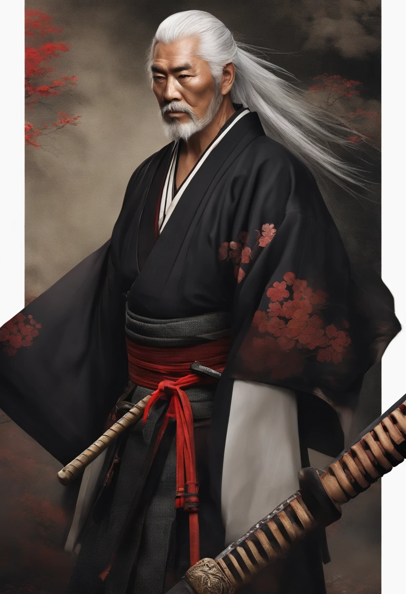 Historical, oldman, Samurai,battered,Black kimono, Japanese Katana Sword, long white hair, samurais