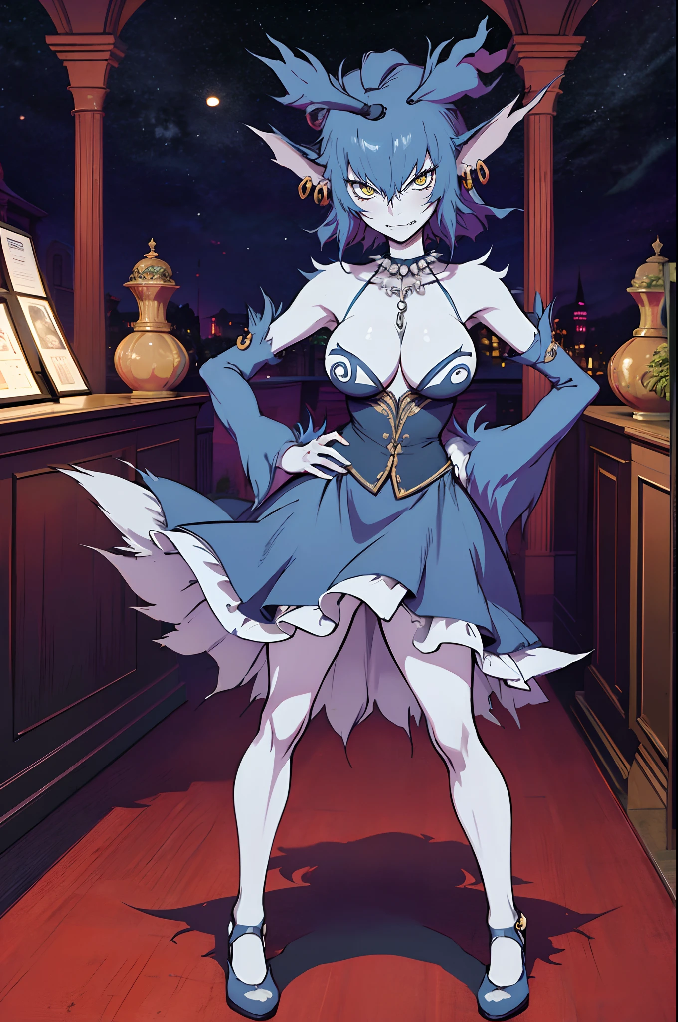 masterpiece, best quality, absurdres, 1girl hwolfie , [ballgown|edgmarquise], edgmarquise, wearing a ballgown, looking at viewer, bare shoulders, breasts, dress, earrings, jewelry, pearl necklace, solo, contrapposto, standing, hand on own hip, angry frown fangs out indoors smile, full body