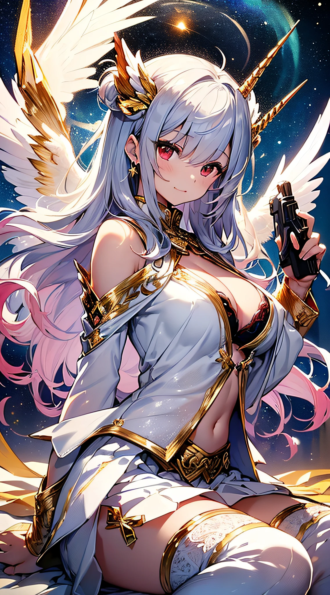 top-quality、Top image quality、​masterpiece、girl with((18year old、bright clothes、White bra、white dres、Gold Skirt、 Best Bust、Bust 90、Long silver hair、Red Eyes、open chest wide、Valley、Happiness、A slender、Angelic face、Aura of Light、Wings of the Universe、Angel Boots、GOLD accessory、White rose hair fastening、Gripping a metal gun)）hiquality、Beautiful Art、Background with((crystal clear skies、Golden light pours down、Blue Thunder、Many Angels、Shining House、unicorn、Heavenly Light))、masutepiece、Elaborate design、visualart、