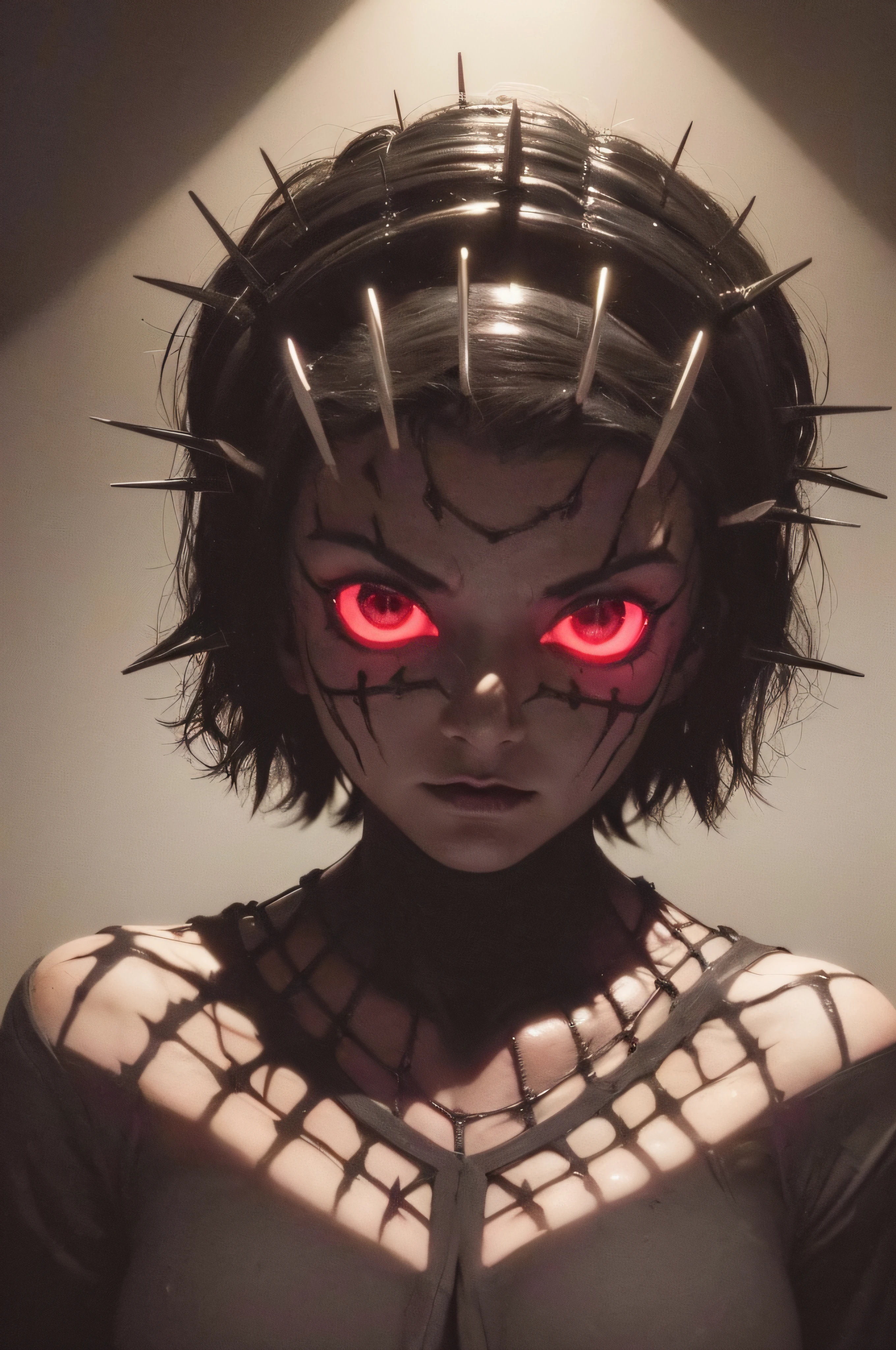 "(The best lighting, oscuro, dramatic),(Mujer alien, Hellraiser, triste, Cicatrices, , sexy, cerebro, sangre, una rata dentro de la cabeza, terror.),(ojos rojos, calaveras). morning light.