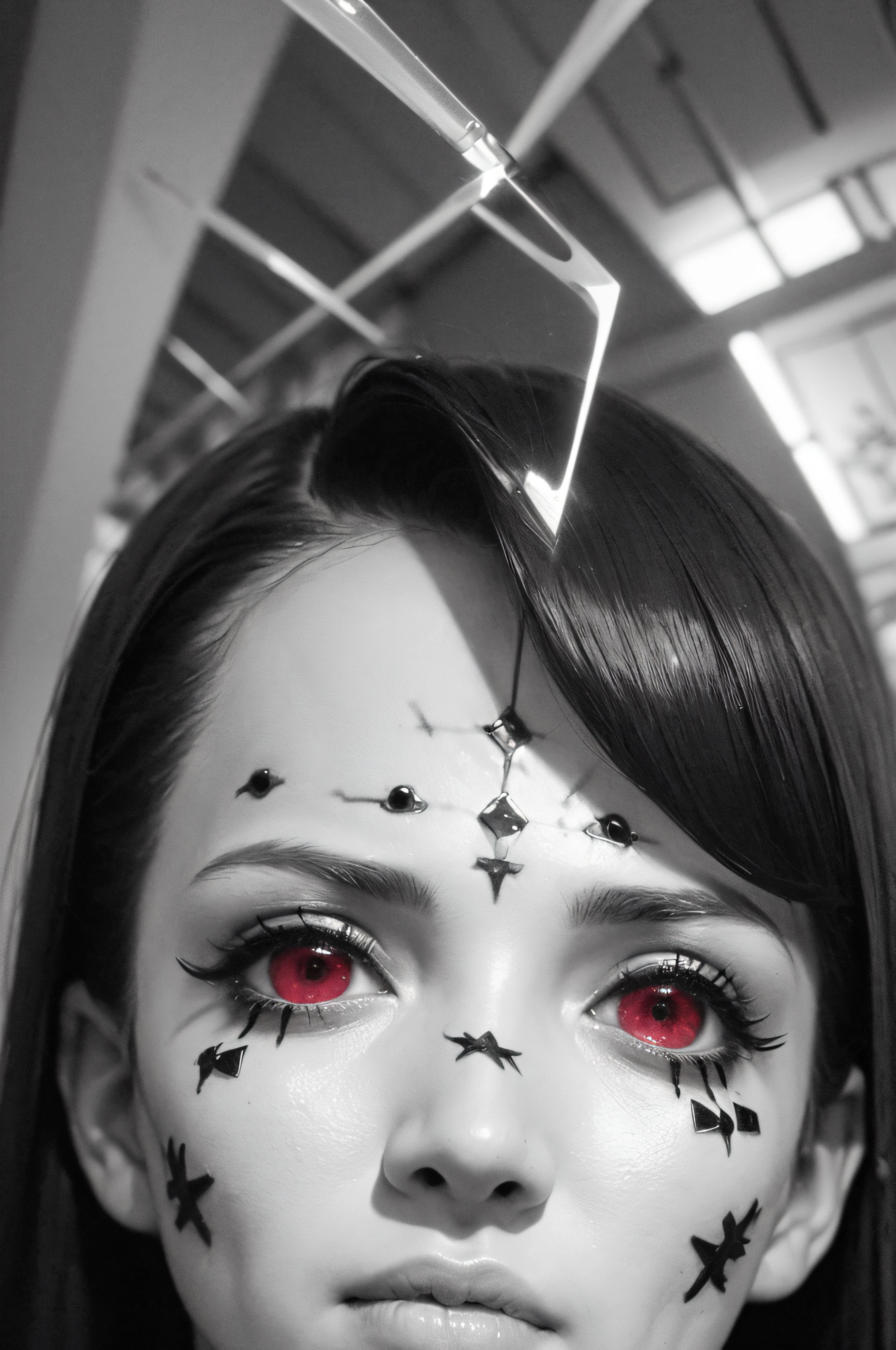 "(The best lighting, oscuro, dramatic),(Mujer alien, Hellraiser, triste, Cicatrices, , sexy, cerebro, sangre, una rata dentro de la cabeza, terror.),(ojos rojos, calaveras). morning light.