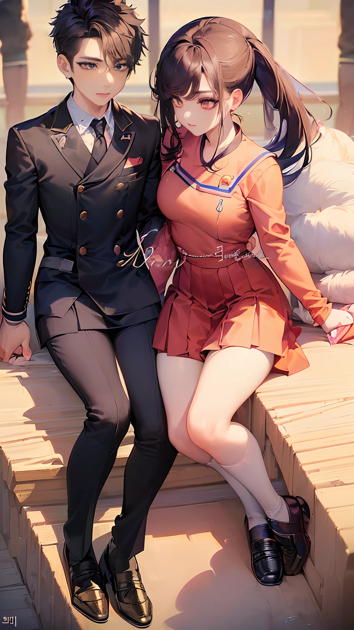 (masterpiece,uhd,best quality:1,5),(perfect anatomy and best proportion,detailed face and eyes,perfect face and eyes:1,5),(( a beautiful young anime girls and a handsome young animeboy,age down,13 year old:2,0),((perfect couple with Korean Middle School Uniform:2.0)),(a girls pony tail with mini skirt,a boy with korean man hair style:1,5),(Stand side by side, holding hands,1-boy and 1-girls:2,0),young face,(school background),(a girls with medium breast and curvy body),(Shoot from the front),(expressive eyes)