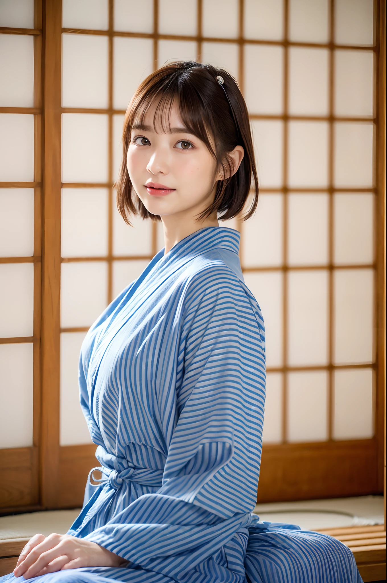 (natta:1.7), East Asian Architecture, 1womanl,Sitting on tatami mats, brunette color hair,(hair between eye), Lip flap, ,Beautiful fingers,Beautiful long legs,Beauty Body,Cute nose,Beautiful character design,perfect eyes,face perfect,looking at viewert,(Innocent_Big_Eyes:1.0),(light_Smile:0.3),offcial art,Very detailed CG Unity 8K wallpaper,Perfect litthing,highly colorful,Bright_front_Face_Lighting,(tmasterpiece:1.0),(best_quality:1.0), 超A high resolution,4K,ultra - detailed, photography of, 8K, nffsw, hight resolution, absurderes:1.2, Kodak Portra 400, film grains, the background is blurred, Bokeh:1.2, Lens Flare Glow, ( Vibrant_Color:1.2) (Beautiful,Large_breasts:1.4), (Beautiful_Face:1.5),(narrow_waist-up),8K,Raw photo, 、Relax at a ryokan in Japan、The background is the open-air bath at night at a hot spring inn (Girls are not subjects:1.3) (Hair after a bath:1.3),(Hair is wet:1.3) ((Girls are not subjects:1.2))((Draw a wide night background:1.2),((Yukata with light blue stripes isolated on white background:1.3)),(Yukata does not need gloss at all:1.5)),((No need for a Korean yukata or Korean-style hairstyle.:1.5)),((Faithfully and realistically reproduce a pure Japan yukata:1.5))((Light Pink Band:1.3)),((The background is the entrance living room、At night, Overlooking the inn's large and beautiful gardens..:1.3)),((8th class))、((Light Pink Band:1.5)) ((Beautiful shiny straight short long:1.5)) sixteen years old、((Beautiful shiny straight short long:1.5))((Pink Band))、((The color of the band is pink:1.3),(Faithfully and realistically reproduce the obi of a yukata:1.3) ((Faithfully and realistically reproduce a pure Japan yukata:1.5)),((Walking through the corridors of the inn at night:1.3))a sense of depth、Night Hostel There are small lights and flowers in the hallway. (When you open a window, You can see a beautiful sunset outside.:1.3) sixteen years old、((Beautiful shiny straight short long:1.5))((Window lattices should be small、Faithful and accurate reproduct