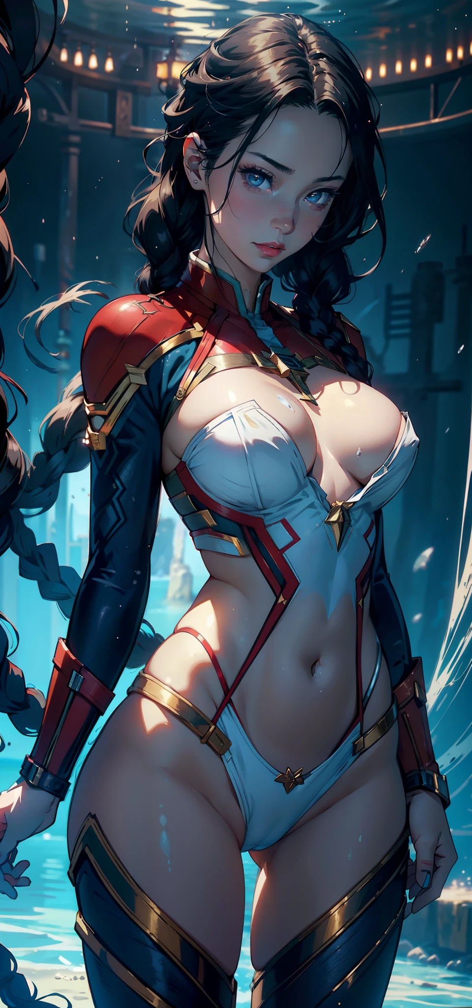 1female，35yo，Bigchest， 独奏，（Background with：ocean floor，Under the water）Stand below the surface of the water ，She has short black hair，Twist braids，seen from the front， hair straight，，（（（tmasterpiece），（Very detailed CG unity 8K wallpaper），best qualtiy，cinmatic lighting，detailed back ground，beatiful detailed eyes，Bright pupils，Blue eyes，Snow-whiteskin，Redlip（Very fine and beautiful），（Beautiful and detailed eye description），ultra - detailed，tmasterpiece，））facing at camera，A high resolution，ultra - detailed），revealing breasts，Bare genitalia，  Bulge，legs are open，Raised sexy，Camel toes，Flushed complexion，Desire for dissatisfaction，frontage，Captain Marvel uniform，