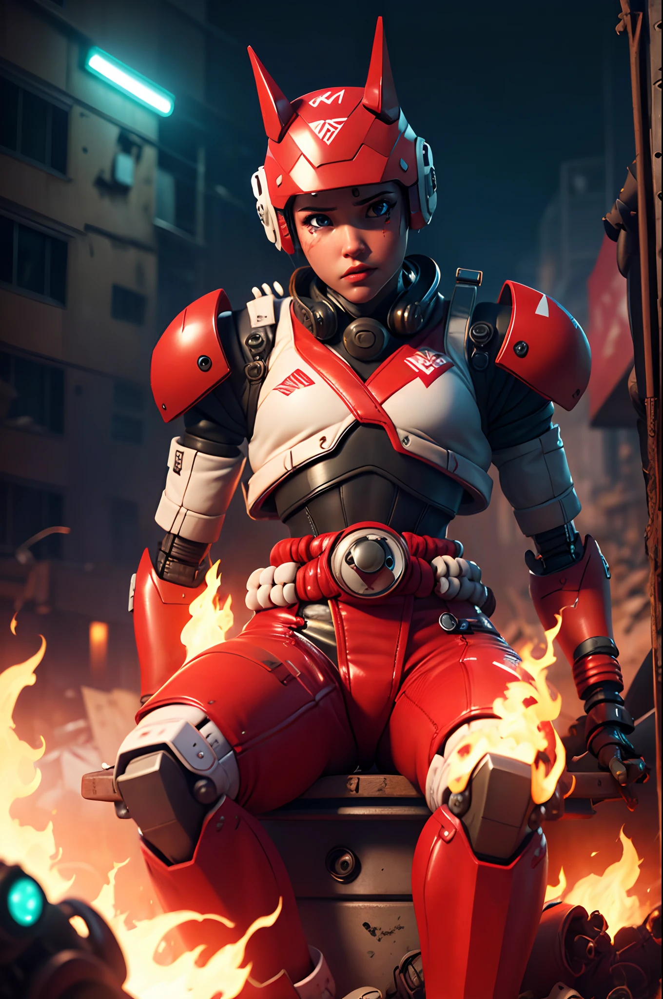 Masterpiece, detailed, K1r1k0 K1r1k0 wearing a red and white outfit, sitting on a destroyed robot, apocalyptic scene, flames, nighttime, neon lights