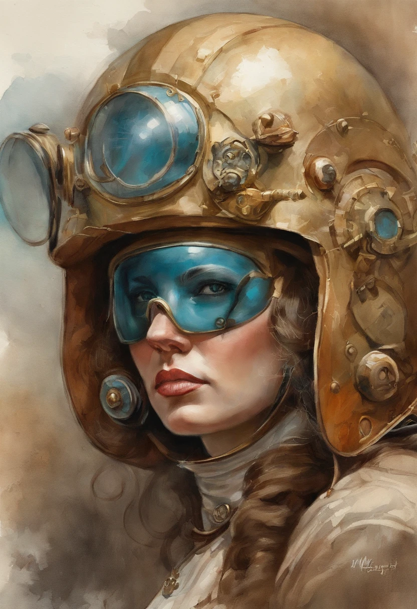 Close-up of a woman with a helmet and IBS - Fiore, Boris Vallejo et Tom Bagshaw, Graphic novel of the prophet, Artefacts cosmiques, inspired by Earl Norem, deepdream, Awarded on CGsociety, looks a bit like Amy Adams, Golden turquoise steampunk, Year 2070