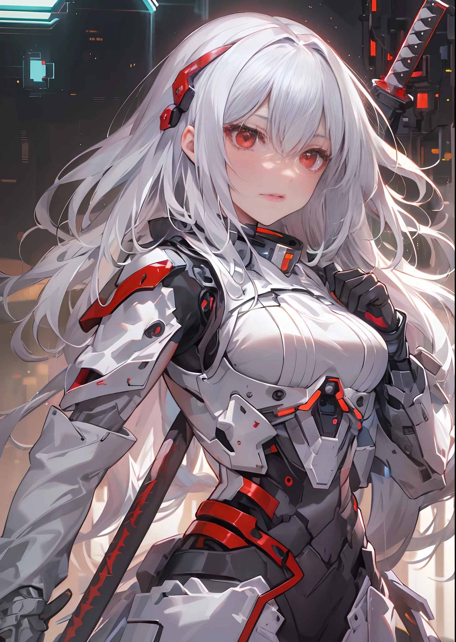 ((Masterpiece:1.4, Best Quality:1.2)), 1girl, Solo Focus, tall female, gentle face, stern expression, Extremely detailed anime face and eyes, Beautiful white armor, hourglass figure, white colored hair, Gradient hair, extra very long hair, red eyes, glowing eyes, Human Cyber Learning, Holding a plasma katana in your hands, astounding, Futuristic setting, whitebackground, profile,
