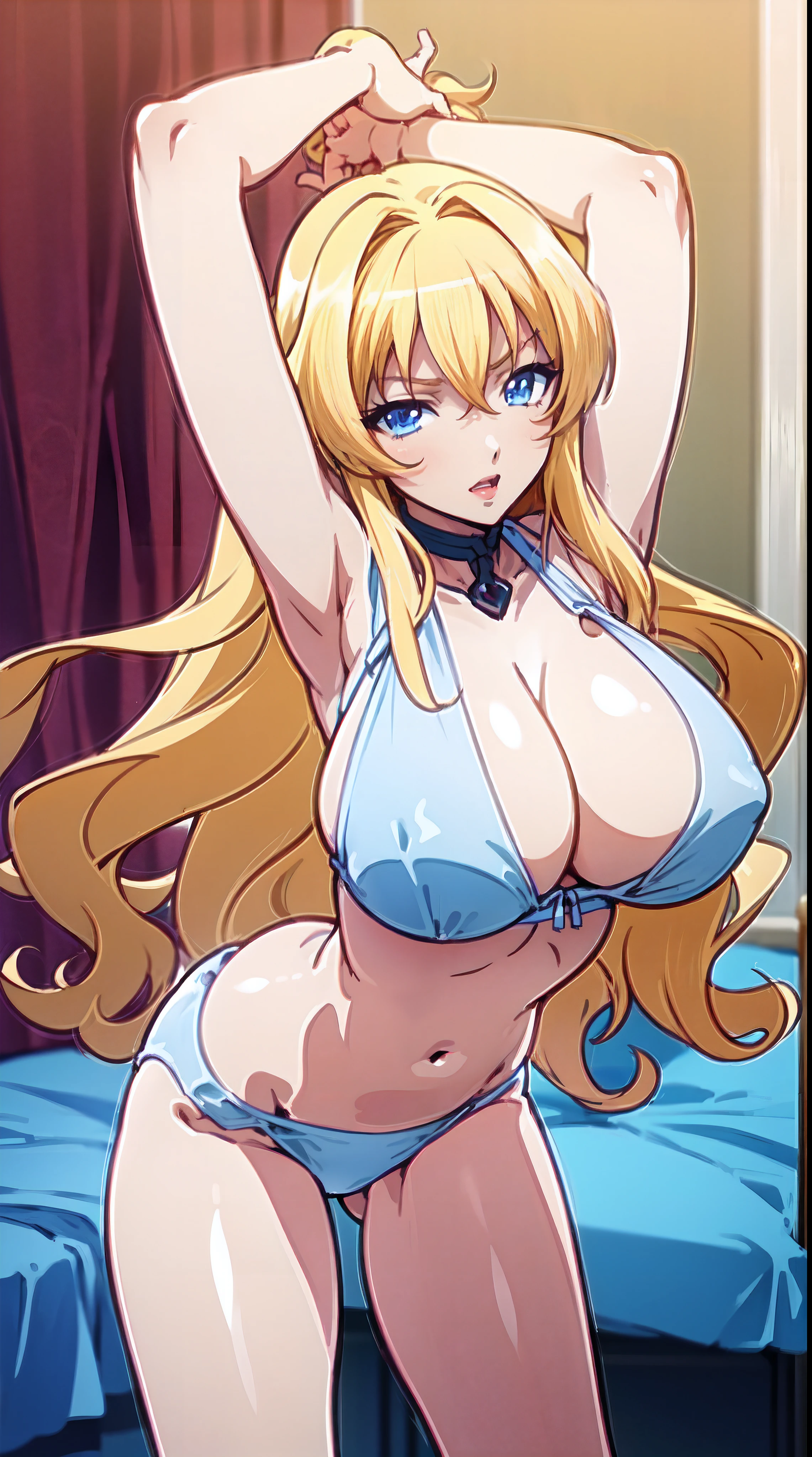 "(Legs open 90° position),((All briefs body visible)), (arms above head),(" briefs and bra "),(love room night day),(beautiful anime specific eyes), (long wavy hair), (very huge tits),(masterpiece anime face ),(1girl),(realistic), (masterpiece eyes detailed) "