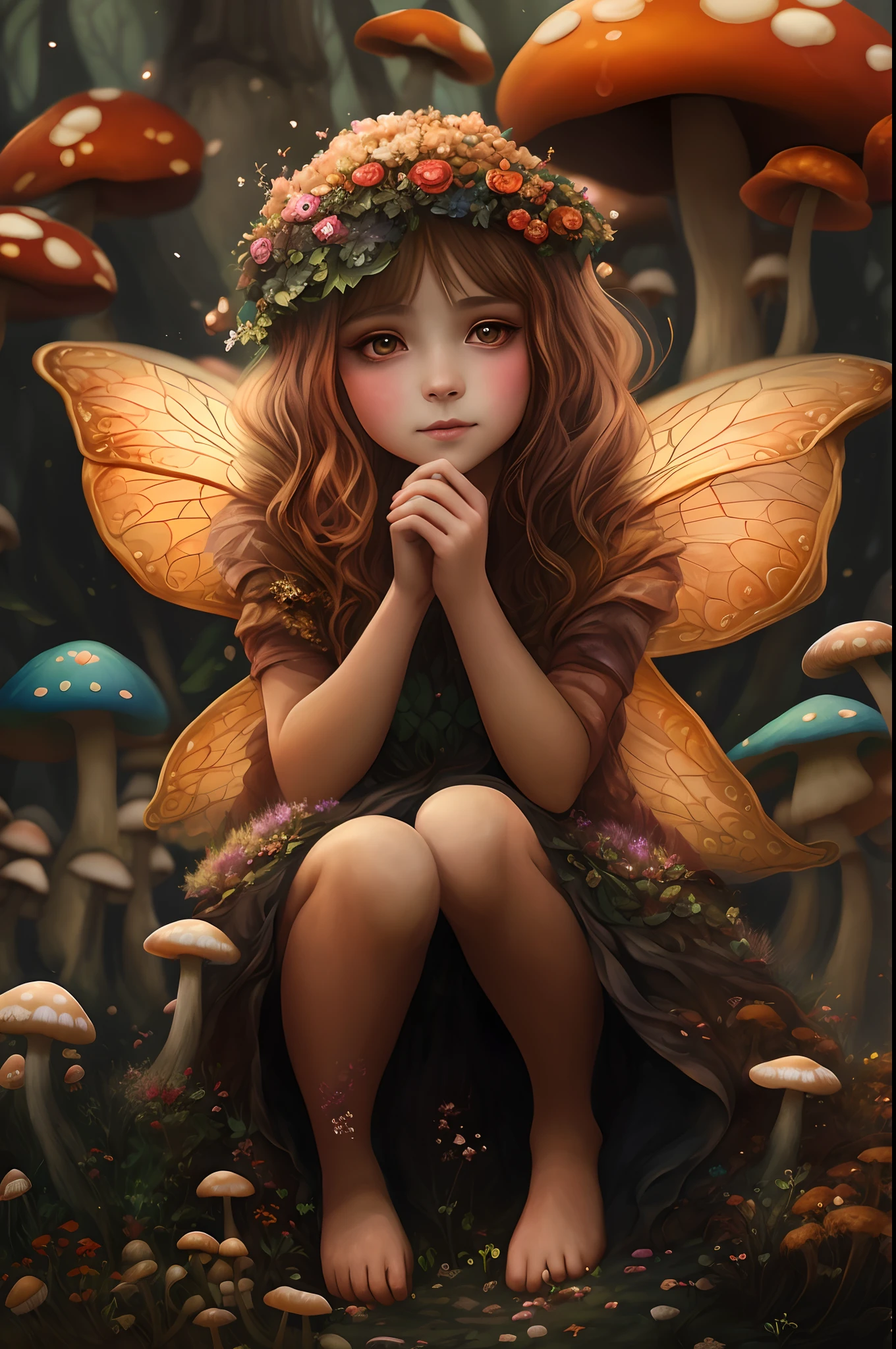there is a sitting on a mushroom covered ground, adorable digital painting, beautiful digital artwork, beautiful fantasy art, portrait of fairy, amazing fantasy art, portrait of a fairy, beautiful digital art, very beautiful digital art, gorgeous digital painting, very beautiful fantasy art, digital art fantasy art, fantasy art behance, fantasy digital art, gorgeous digital art