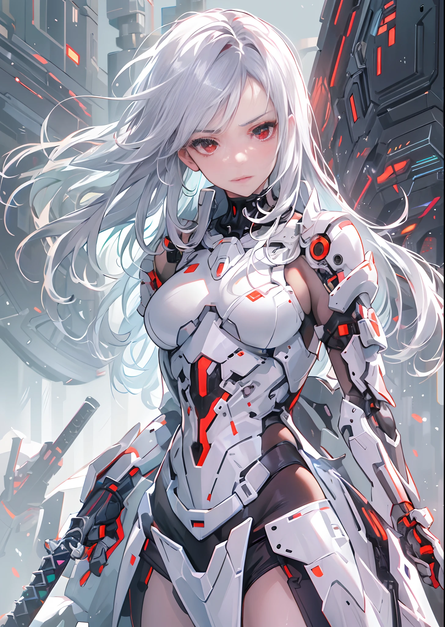 ((Cyberpunk women images)),raise one's arms high:1.4、armpits,,(masterpiece:1.4, Highest quality, Dutch Angle)(One Girl, alone)(Gray hair that changes with light、Smooth and straight hair、WHITE hair fluttering in the wind)、(beautiful, Glowing Skin、Cheek Gloss Highlighter、Sexy and very beautiful and adorable face、世界で最もbeautiful顔、big, Glowing red eyes)、(Cute 25 year old girl, large breasts、Tight waist、Delicate shoulders、Perfect figure)(Overall dark、A ruined futuristic city、The world at the end of the century、Traces of war、cave、Remains)(Futuristic combat suit、White combat armor、Highly decorated combat uniform、Weapons are deployed to surround the woman)(Shooting from close range、Pictures of female faces)