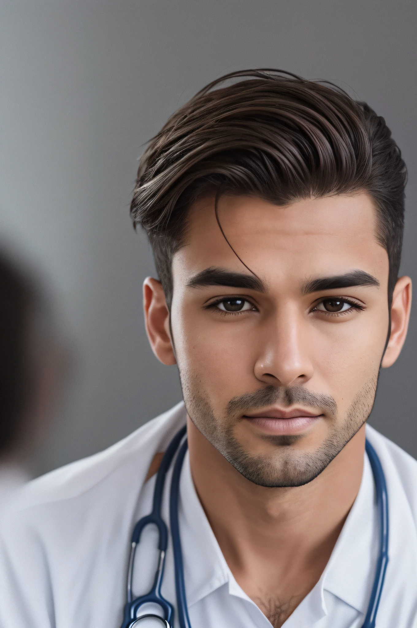 Professional full-body photo of a mixed-race man in a doctor's uniform. He has a confident and approachable expression. The uniform is white, He wore a crisp white shirt underneath. The man's hair was neatly tidy,Combed very carefully. His hair is dark brown, May be black or dark brown, And have a healthy one, natural lighing. The styling of the hair makes the hair smooth to one side, Gives a neat look,without looking too stiff. His hairline is clear,There are no obvious signs of baldness or hair loss. The length of the hair is moderate, Neither too long nor too short, Make the overall image more mature and professional. The background is gray, Does not distract from the subject. The lighting is soft and pleasant, Highlight his features without creating harsh shadows. The photos were taken with a high-resolution camera, Make sure every detail is captured clearly. The composition is centered, The man's face is in the middle of the picture. Photos should be ultra-realistic, Highly detailed, and high-resolution 16k. --auto --s2