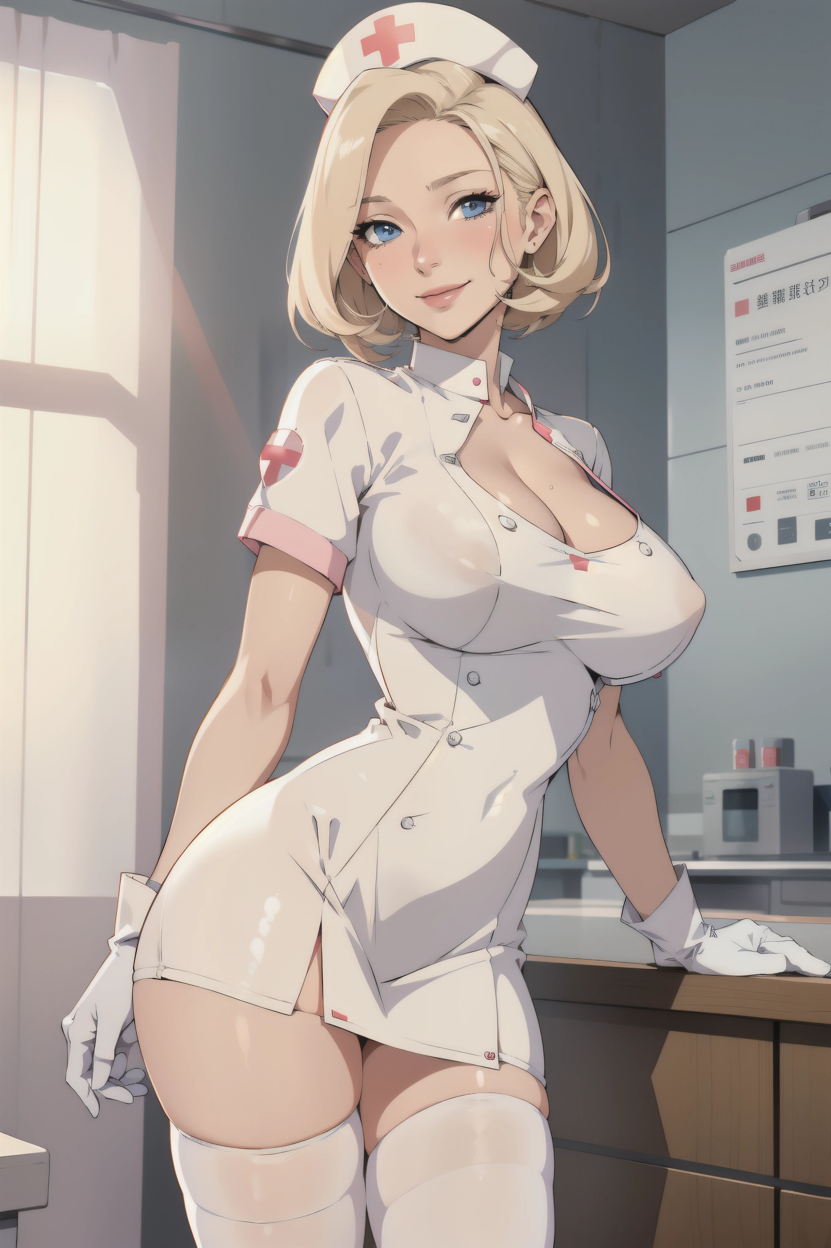 1woman, Nurse, nurse uniform, Nurse Cap, Whiteware, ((White legwear, zettai ryouiki)), White Gloves, Blonde hair, Blue eyes, pink lipsticks, Smile, Standing, sharp outline, Short sleeves, a mature female, 35 year old, Best Quality, masterpiece, infirmary, As chest shows, chest escaping, rain on face, sensuous pose, tit visible
