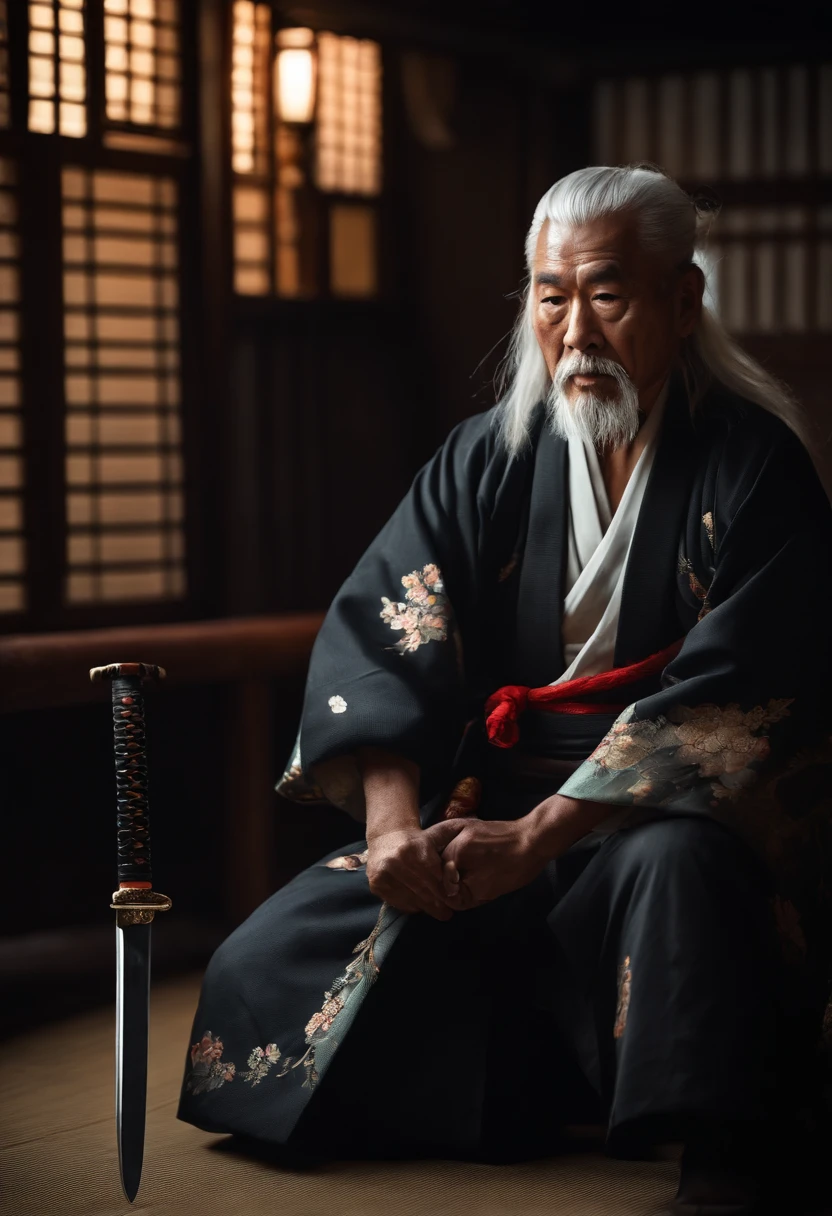 Historical, oldman, Samurai,battered,Black kimono, Japanese Katana Sword, long white hair, samurais,Grandpa, jolly