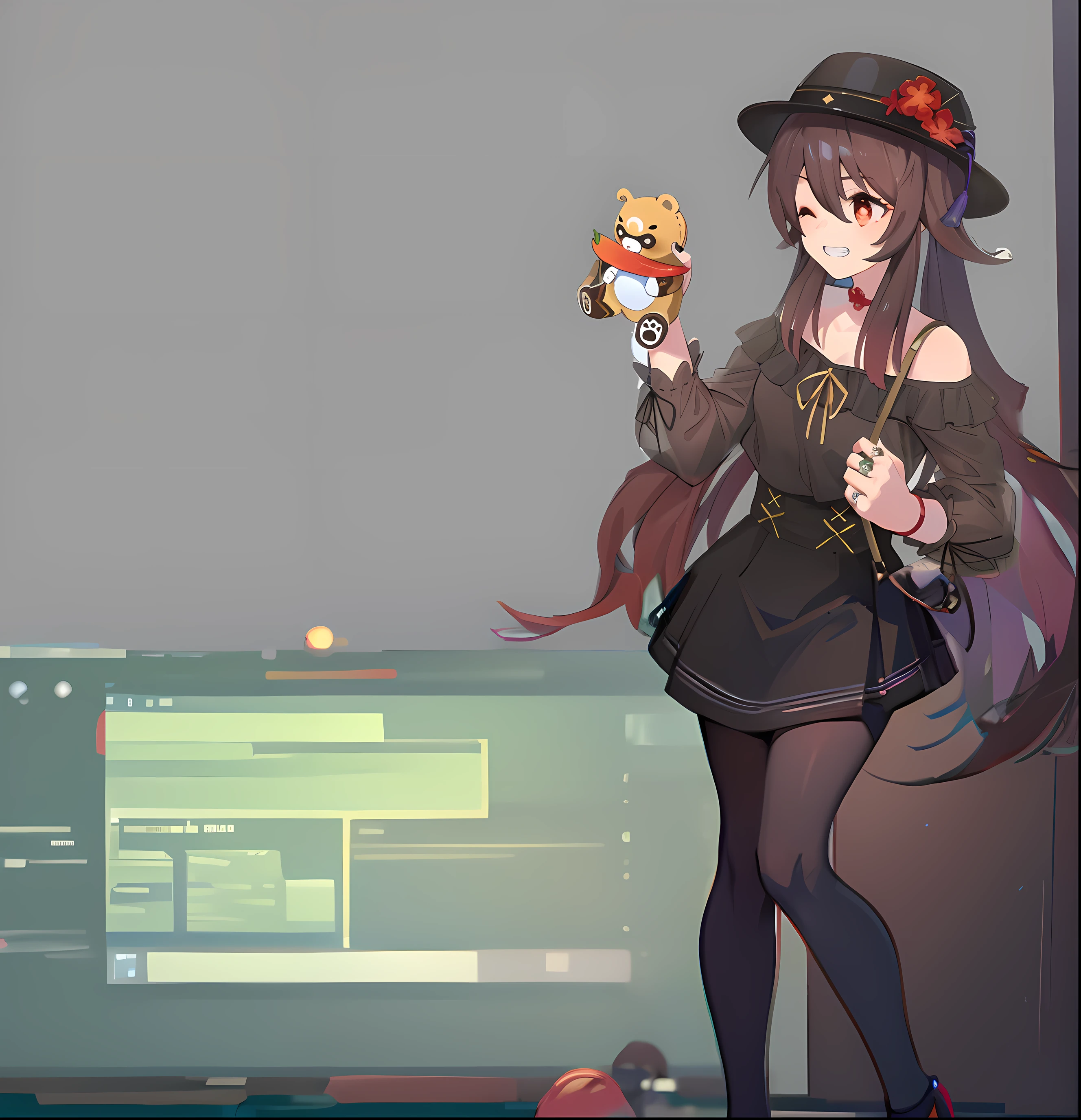 anime, anime girl, hat, dress, hat, black dress, black skirt, 2 d cg, desktop background, artgerm and atey ghailan, trending on artstation pixiv, anime moe artstyle, standing, wearing tights under the skirt, wearing heels
