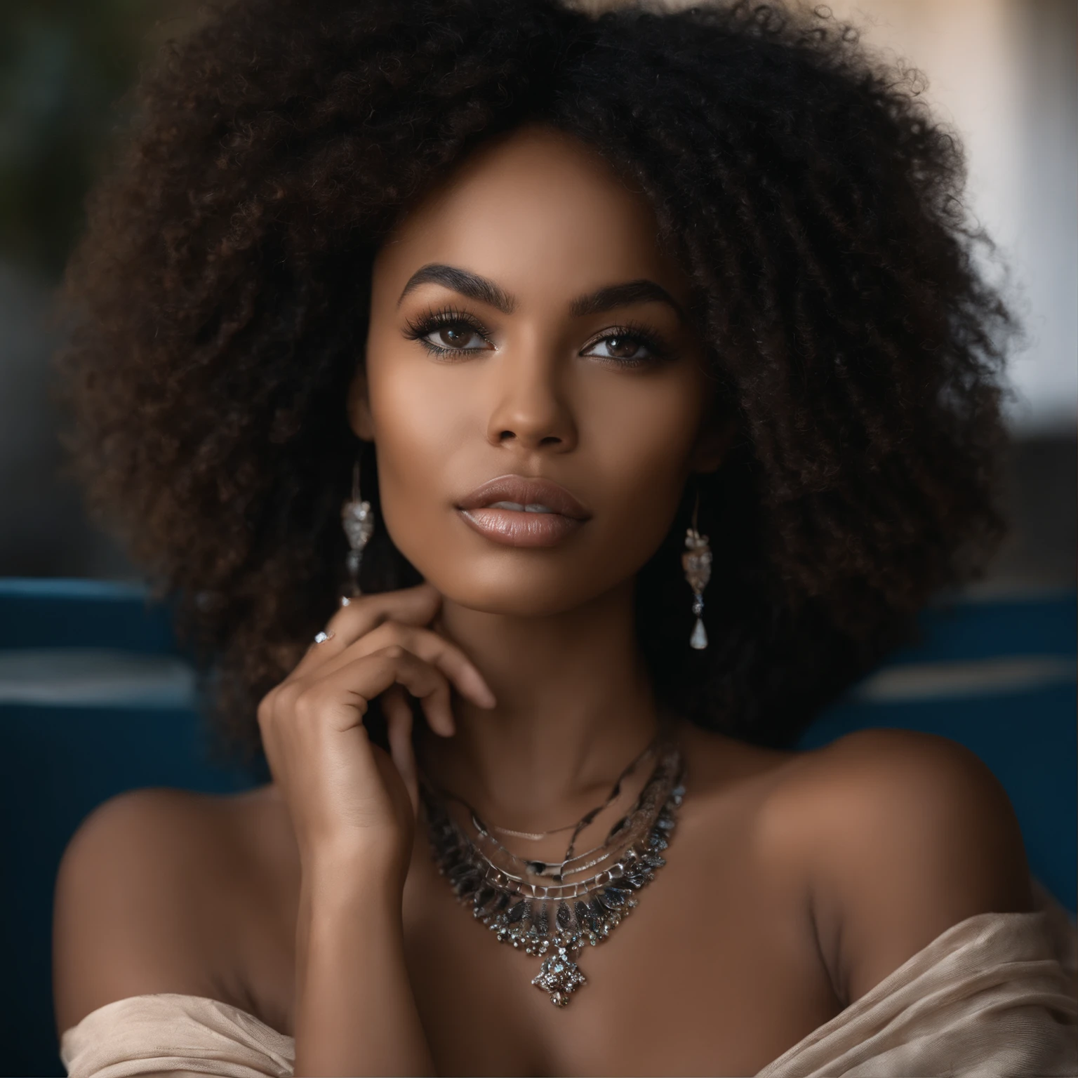 (photo beauty:1.3)Real photo of a beautiful 20-year-old black woman, avec un foulard bleu, Porter une robe, Female,Femme noire, seulement, huge breasts, charme, realistic skin, realistic face, sauvage, autoritaire, Berceau, , and the areolas are clearly visible: 1.3), cheveux Afro couleur caramel , Excited, provocateur, extase(beautiful detailed eyes), (Best quality), (super detailed), (Masterpiece), (wallpaper), (Detailed face), seulement, (pose dynamique), 1 , 20 ans femme noire,black wavy hair on the chair, , heterochromic eyes, small moles under the eyes, ((Tablier court)), seins moyens, longues jambes, resserre les abdominaux, (Orteils de chameau), (), ,(Ultra Full HD), (extremly detailed), (Award-winning masterpiece).64K)), par Oriane.