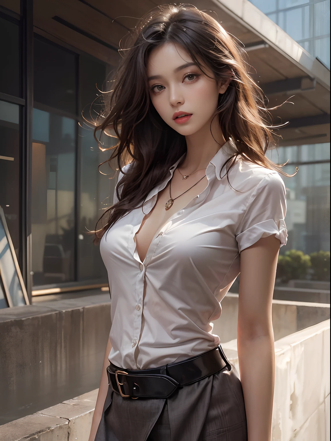 (Best quality, High resolution, Masterpiece :1.3), A tall and pretty woman, Slender abs, Dark brown hair styled in loose waves, Breasts, Wearing pendant, White button up shirt, Belt, Black skirt, (Modern architecture in background), Details exquisitely rendered in the face and skin texture, Detailed eyes, Double eyelid