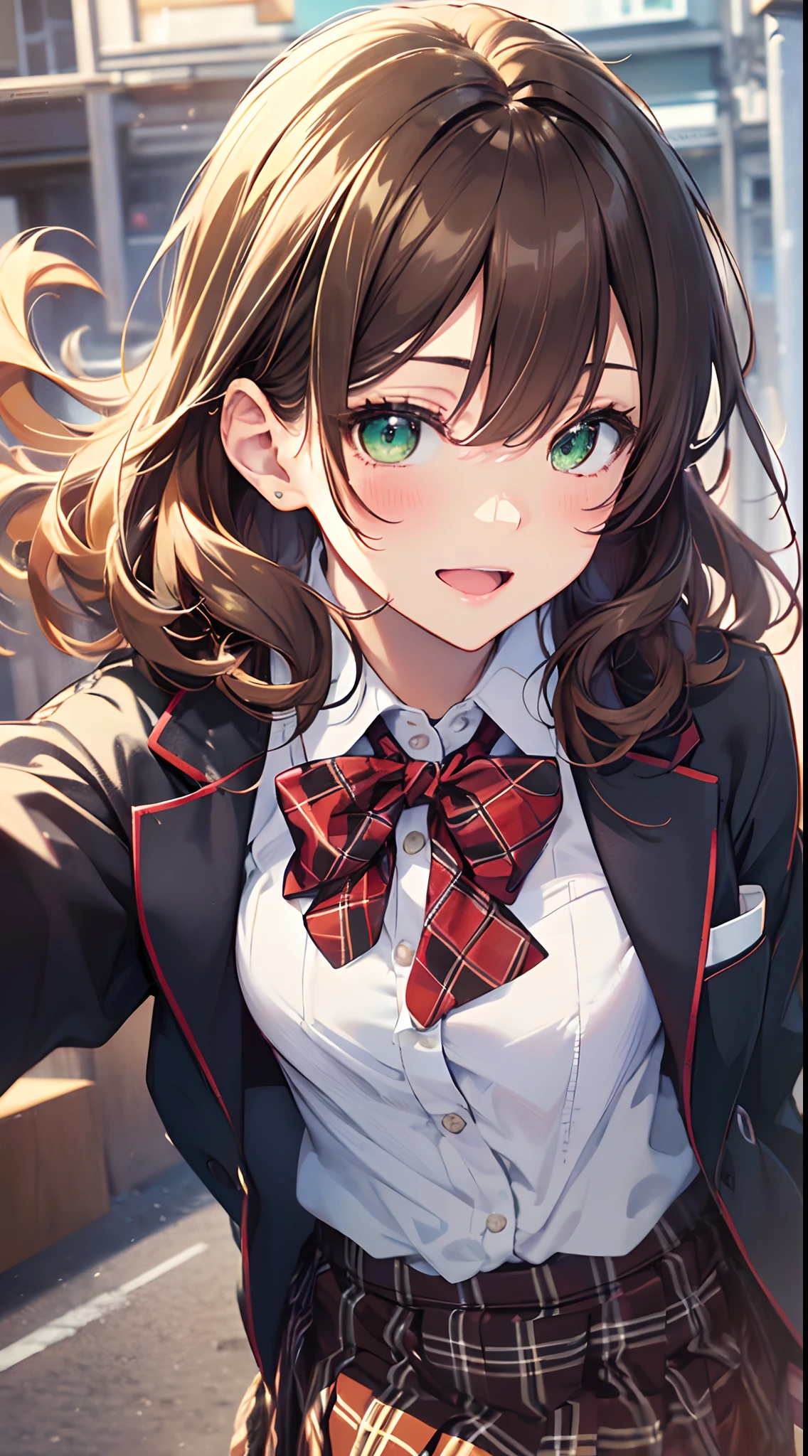 ((masutepiece, Best Quality, hight resolution, nffsw, Perfect Pixel, depth of fields, 4K, nffsw, nffsw))), 1girl in, Single, Solo, Beautiful anime girl, Beautiful Art Style, Anime Character, ((Long hair, Bangs, dark brown hair, Curly hair:0.8)), ((Green eyes:1.4, Detailed eyes, Beautiful eyes, Perfect eyes,Curly eyelashes, Realistic eyes)), ((Detailed face, Blushing:1.2)), ((Smooth texture:0.75, Realistic texture:0.5, Anime CG style)), medium breasts, Dynamic Angle, busty, Perfect body, Dynamic Pose, ((red bowtie, School uniform, Black jacket, Open jacket, Brown cardigan, White shirt, Black skirt, plaid skirts)), Smile, Open mouth, arms behind back, Leaning forward, Amulment Park, ((close up, POV, Cute, Shoot in the face))