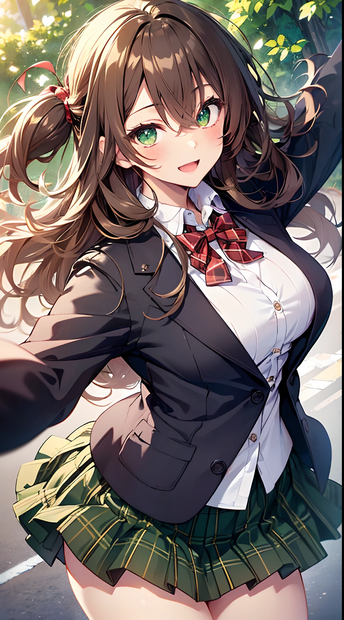 ((masutepiece, Best Quality, hight resolution, nffsw, Perfect Pixel, depth of fields, 4K, nffsw, nffsw))), 1girl in, Single, Solo, Beautiful anime girl, Beautiful Art Style, Anime Character, ((Long hair, Bangs, dark brown hair, Curly hair:0.8)), ((Green eyes:1.4, Detailed eyes, Beautiful eyes, Perfect eyes,Curly eyelashes, Realistic eyes)), ((Detailed face, Blushing:1.2)), ((Smooth texture:0.75, Realistic texture:0.5, Anime CG style)), medium breasts, Dynamic Angle, busty, Perfect body, Dynamic Pose, ((red bowtie, School uniform, Black jacket, Open jacket, Brown cardigan, White shirt, Black skirt, plaid skirts)), Smile, Open mouth, arms behind back, Leaning forward, Amulment Park, ((close up, POV, Cute, Shoot in the face))