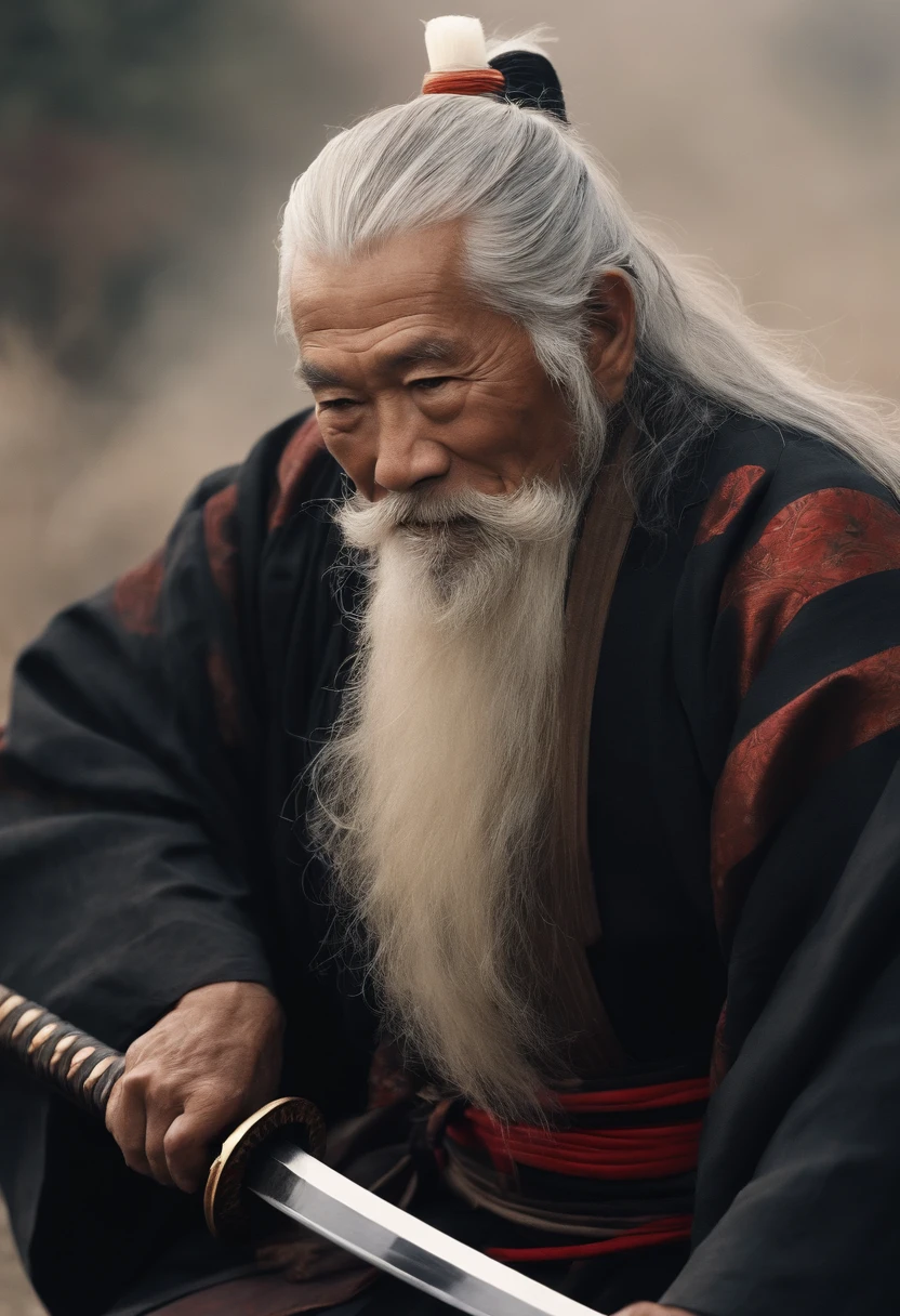 Historical, oldman, Samurai,battered,Black kimono, Japanese Katana Sword, long white hair, samurais,Grandpa, laugh