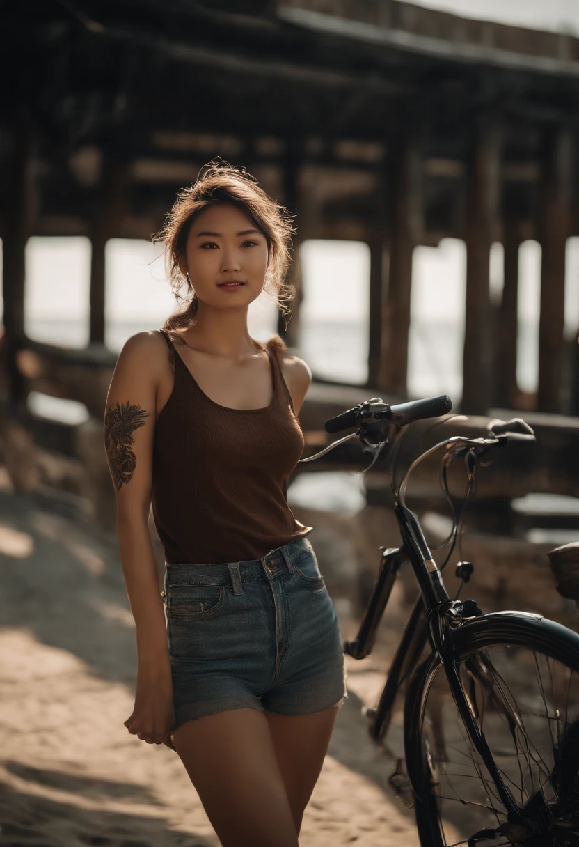 (best quality, 8k ultra-high resolution, ultra-detailed, hyper-realistic:1.3), fine film grain, surreal, strong rim light, Asian girl, slim girl, captivating smile, intense gaze, small breasts, tattooed, braided hair, blonde hair, (bright brown hair), (realistic:1.3), sunlight, 1 girl, Instagram aesthetics, outdoor, (black shirt:1.2), (urban), (extremely detailed face), (bangs), naked body, Japanese, walking along the coast pushing a bicycle
