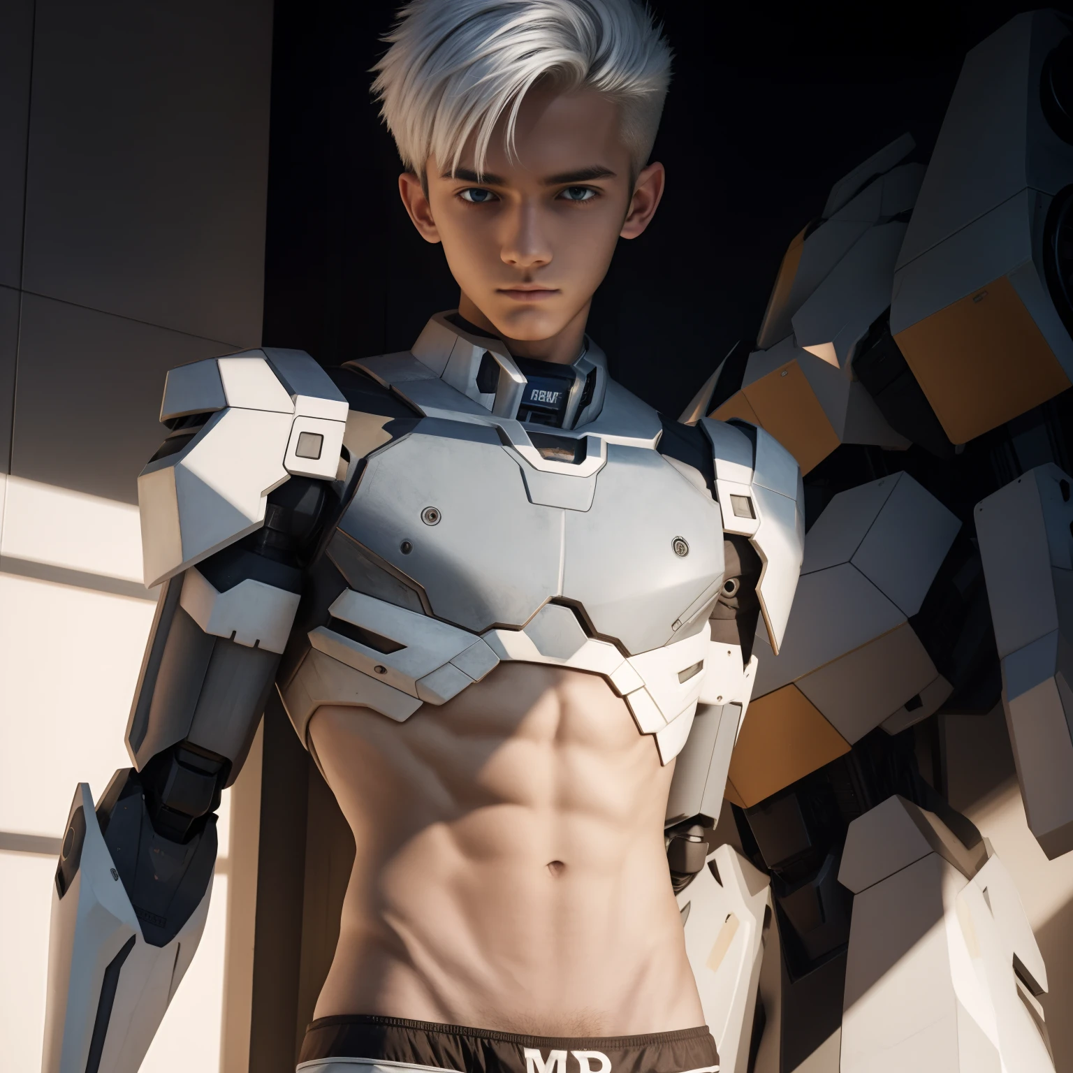 male posing, tight boxers, skinny body, atmospheric, cute face, white hair, dead inside, dark lighting, (mecha left arm)