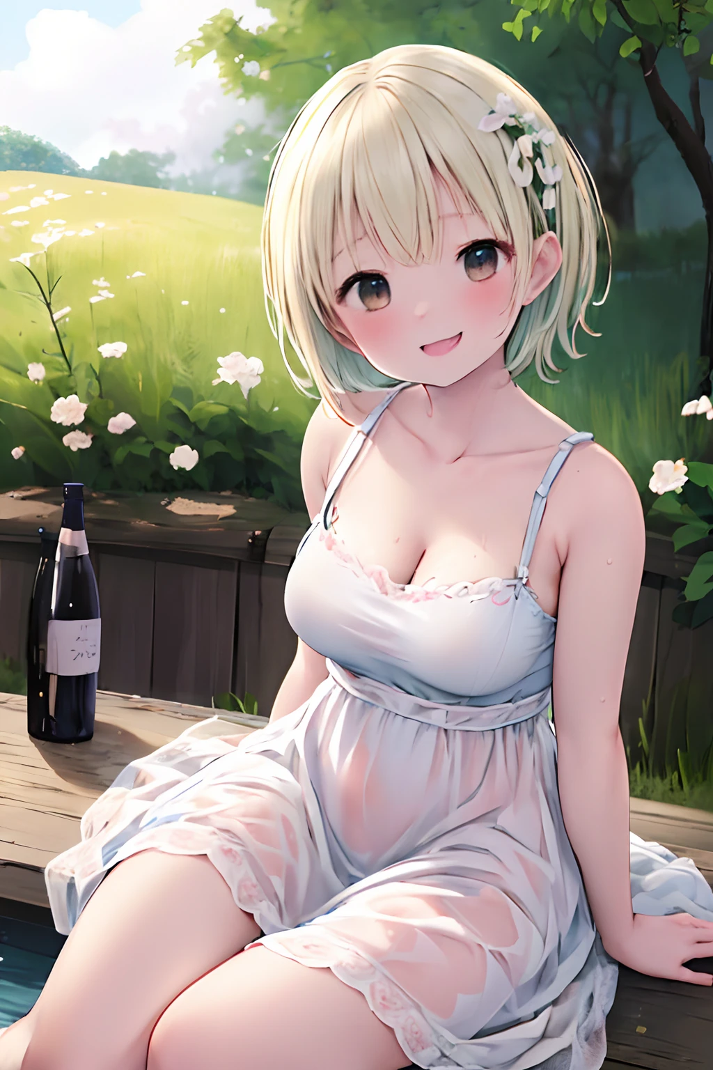 (Best Quality, masutepiece, Raw photo,Ultra-detailed:1.2), 1girl in,Solo,小柄、Soft breasts、Fluffy dresses、Young look、Looking at Viewer,Smile,Sitting、Have a big bottle of liquid