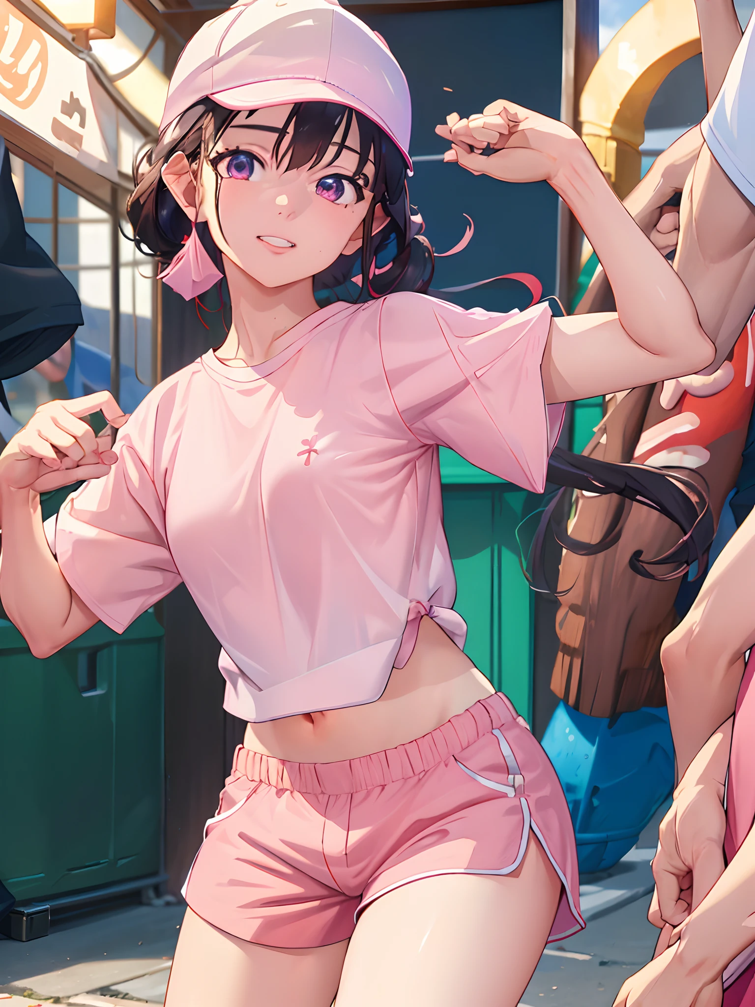 (masterpiece, best quality:1.2), highres, high resolution, MiyoSaimori, 1girl, 18-year old girl, solo, smile, teeth visible, (hair tied up), T-shirt, (white T-shirt, half sleeves), shorts, running shorts, pink running shorts, ((cap, sports cap, pink cap)), outdoors, beach, bangs, (medium breast), looking at viewer, cinematic lighting, perfect fingers, perfect anatomy, beautiful face, alluring face, extra detailed face, award winning quality, blur background, ((masterpiece)), high quality, (cowboy shot)