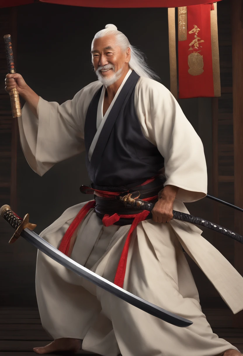 Historical, oldman, Samurai,battered,Black kimono, Japanese Katana Sword, long white hair, samurais,Grandpa, a smile