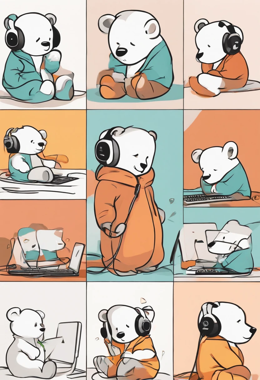 Nine poses and expressions, happy, angrysad, crying,cute,expectant, disappointed,surprised, speechless, shy,Little Bear Wearing Earphones lookingat the computer, white background, Keith Harlem's graffiti style, sharp illustrationsbold lines and solid colors, simple detailsMinimalism,ine art, sticker art, simple lines--s 750--niii 5