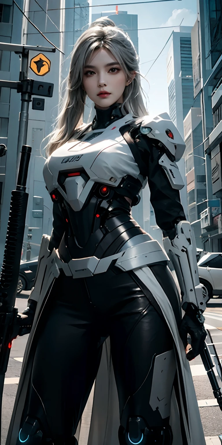 photorealistic, high resolution, soft light,1women, solo, hips up, (detailed face), white long hair, cybersamurai, cyborg, cyberpunk, cyber armor, holding weapon,glowing,gun, sniper, on the street